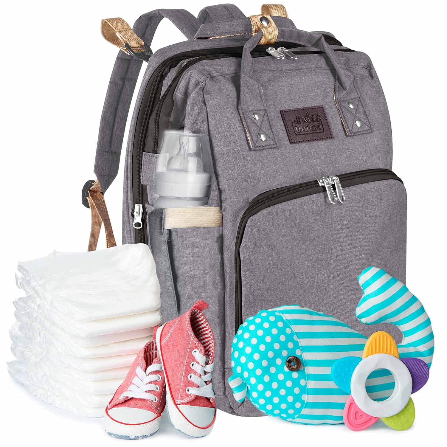 all Kids United® Baby Changing Backpack Deluxe with Cot - Juego de bolso cambiador para bebés: mochila para bebés, cambiador, cuna integrada, gancho para cochecito (Gris)