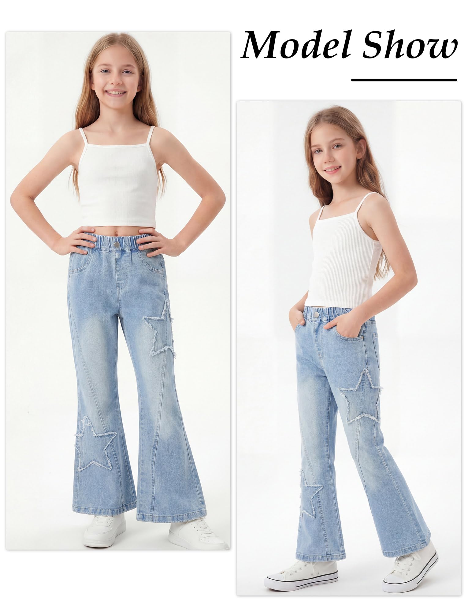 Maeau Jeans évasés pour filles - Motif étoiles - Patchwork - Taille élastique - Avec poches