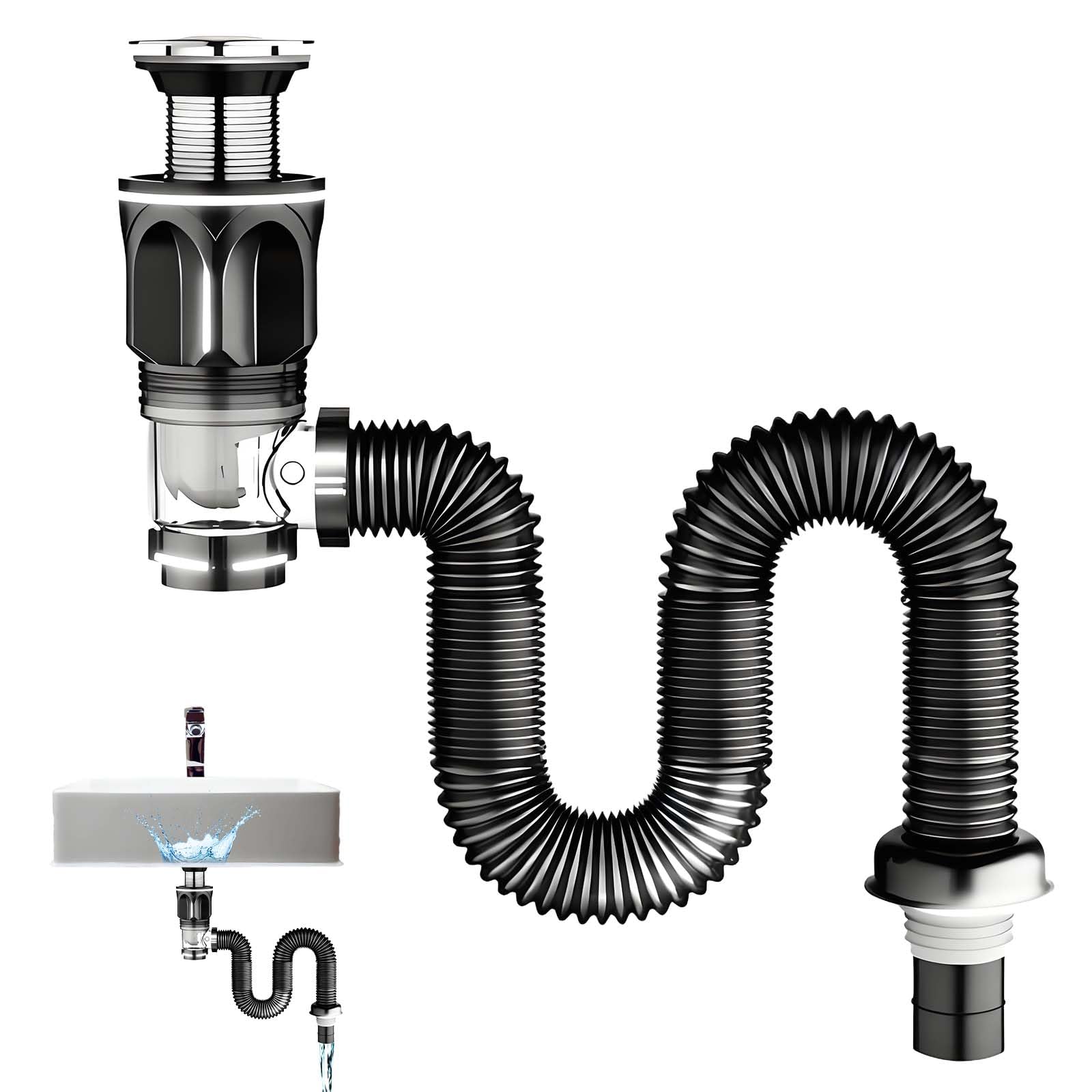 1 Set Kitchen Sink Waste Kit, Bathroom Sink Waste Kit with Flexible Wastes Pipe, Flipped Wastewater Bathroom Sinks Drain Universal Black Disposal Unit, Used for Washbasin and Kitchen