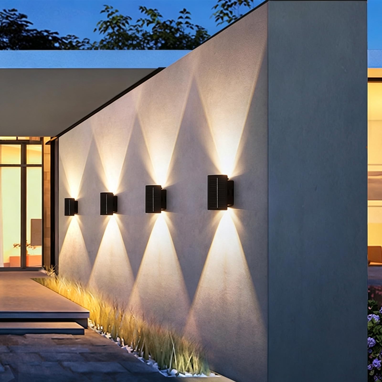 Lampada Solare da Esterno LED Applique da Parete Up & Down Impermeabile IP65 Iluminazioni per Pareti Solari Esterno Luce da Parete Corridoio Balcone Giardino Terrazzo (Luce Calda,12 teste)