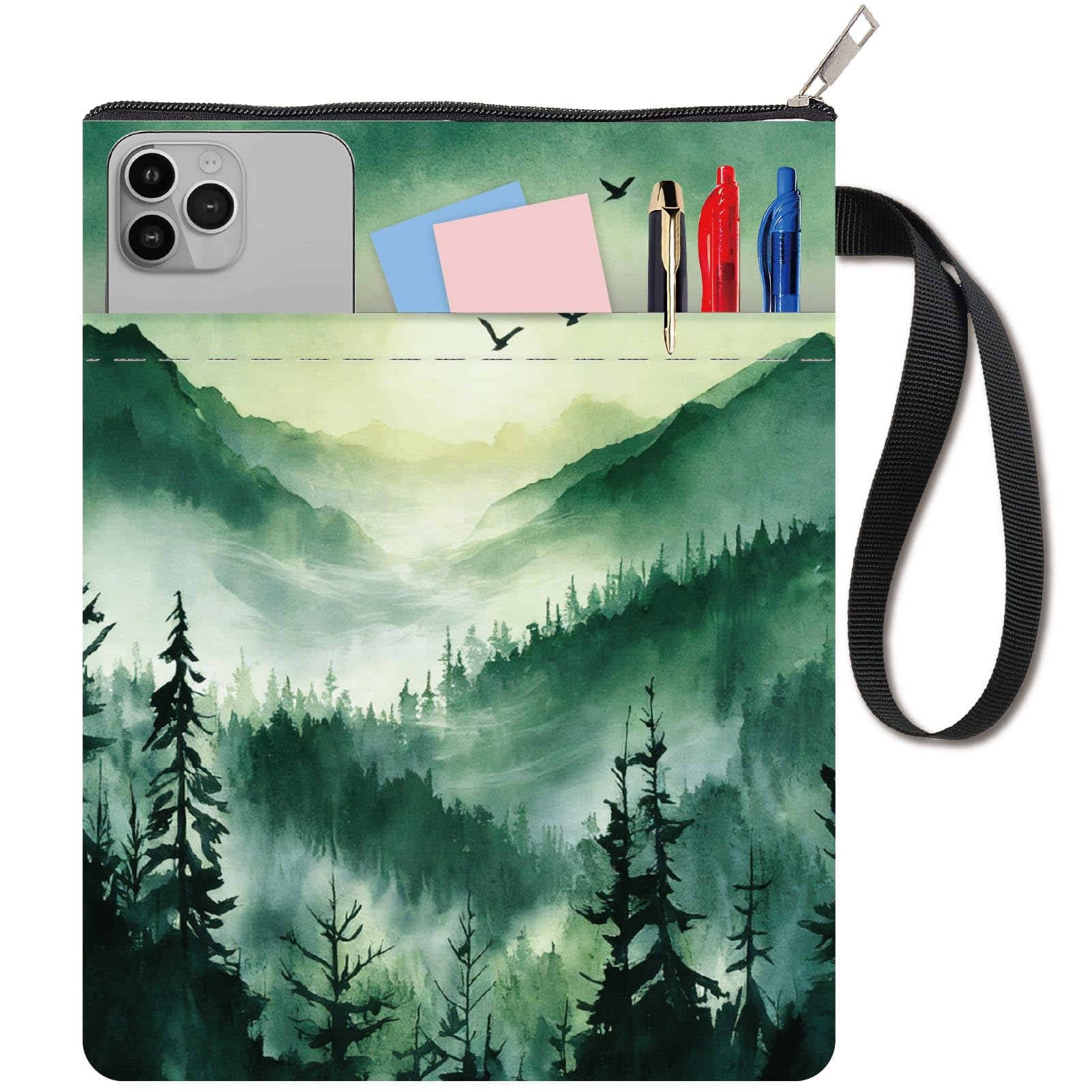 CRASPIRE Green Book Sleeve Paperback Protector Cover with Handle Extra Pocket 11 x 8.6in Zipper Waterproof Washable Forest Cloth Notebook Wrap Bag Pouch for Paperbacks Hardcover Textbook Book Lovers