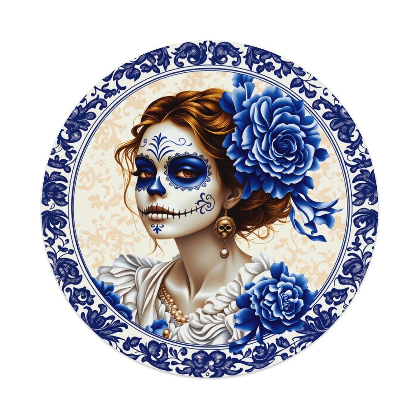 Blue And White Floral Pattern With Sugar Skull Design Metal Tin Sign Plaque