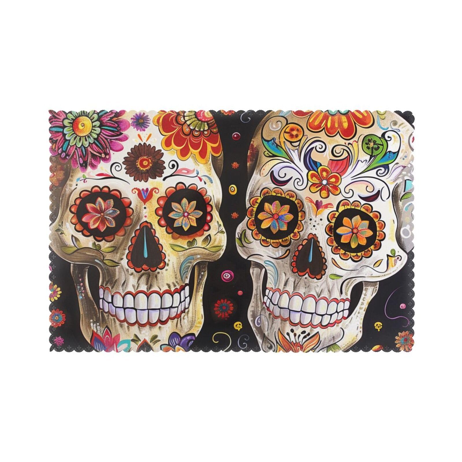 Sugar Skulls Printed Placemat Heat Resistant Place Mats Set of 6 PCS Washable Kitchen Table Mats, 12x18 Inch