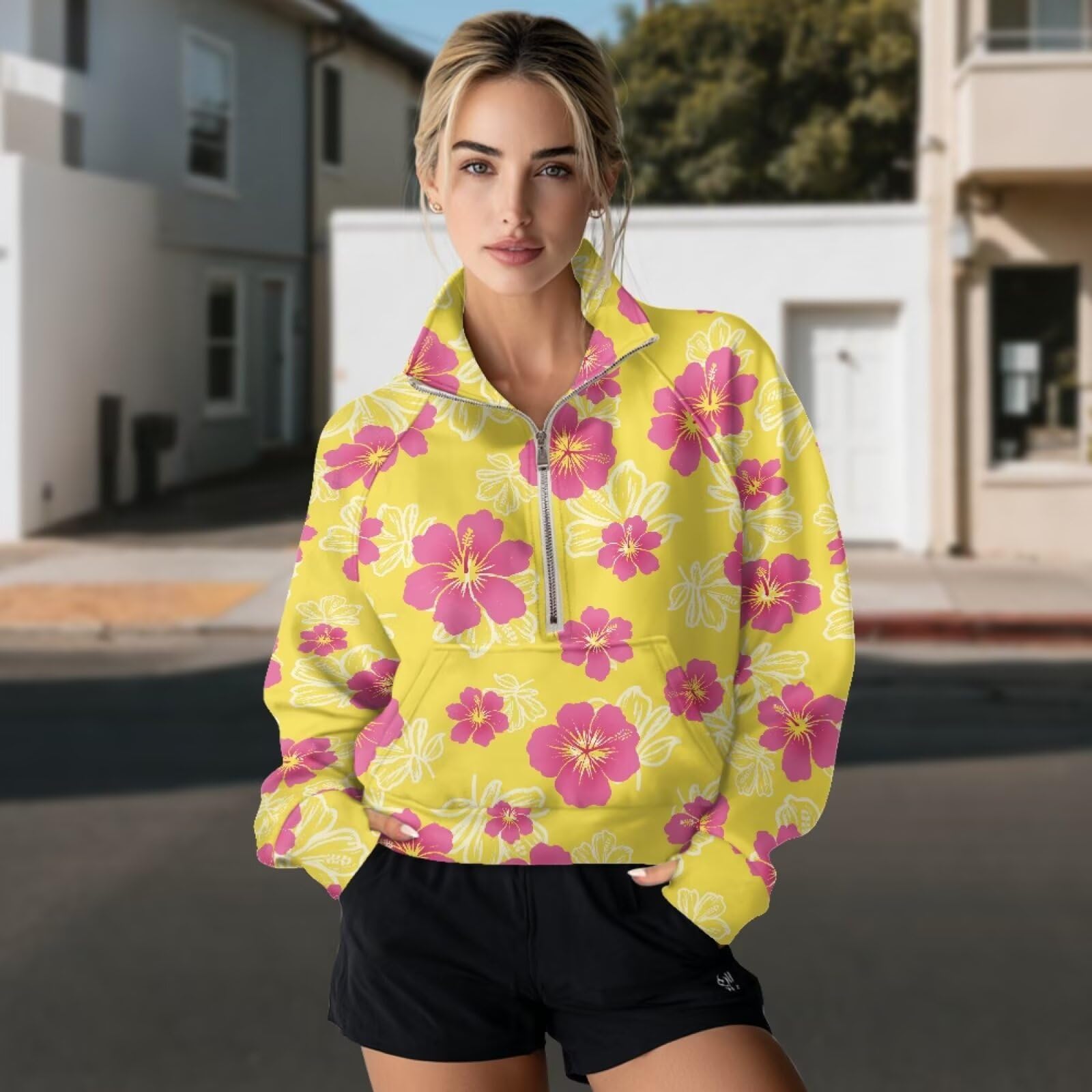 Poceacles Sweter z zamkiem błyskawicznym dla kobiet przycięta bluza z kieszenią na kciuk długi rękaw krótki top do biura