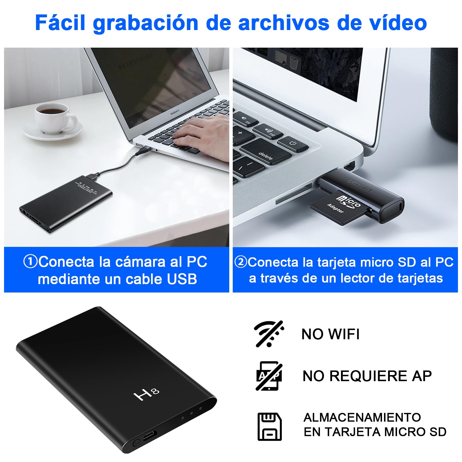 MiniCamera HD 1080P, Micro Cámara Espia Oculta 5000mAh con Cable USB 3-en-1, Camaras de Vigilancia sin Cables Camufladas Sensor de Gravedad y Visión Nocturna para Interior/Exterior