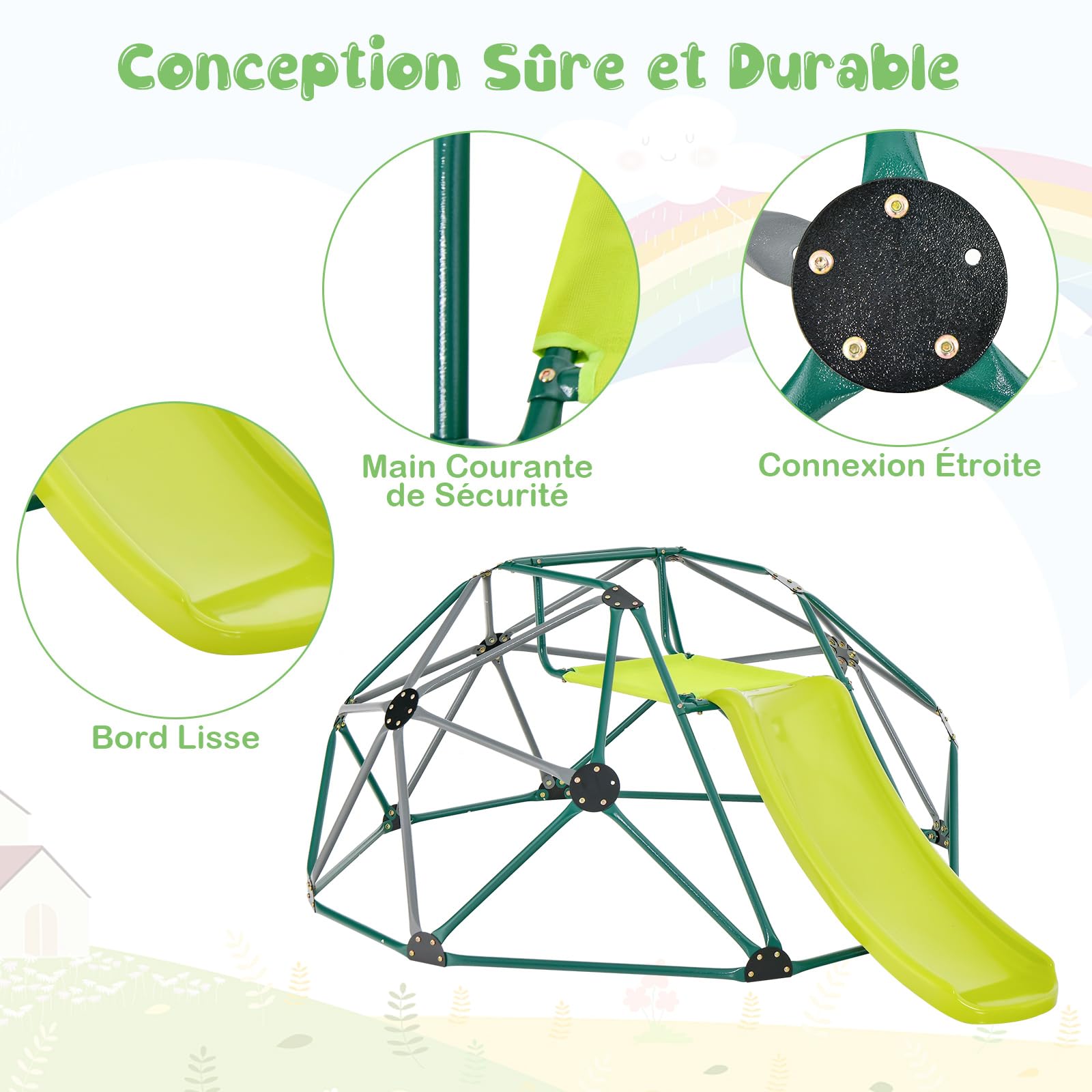 COSTWAY Dôme d'escalade de 241cm Enfant avec Toboggan, Cage d'escalade en Métal avec Coussin en Tissu, Charge Max 180kg, Aire de Jeux Extérieure Intérieure pour Garçons Filles de 3-10 Ans