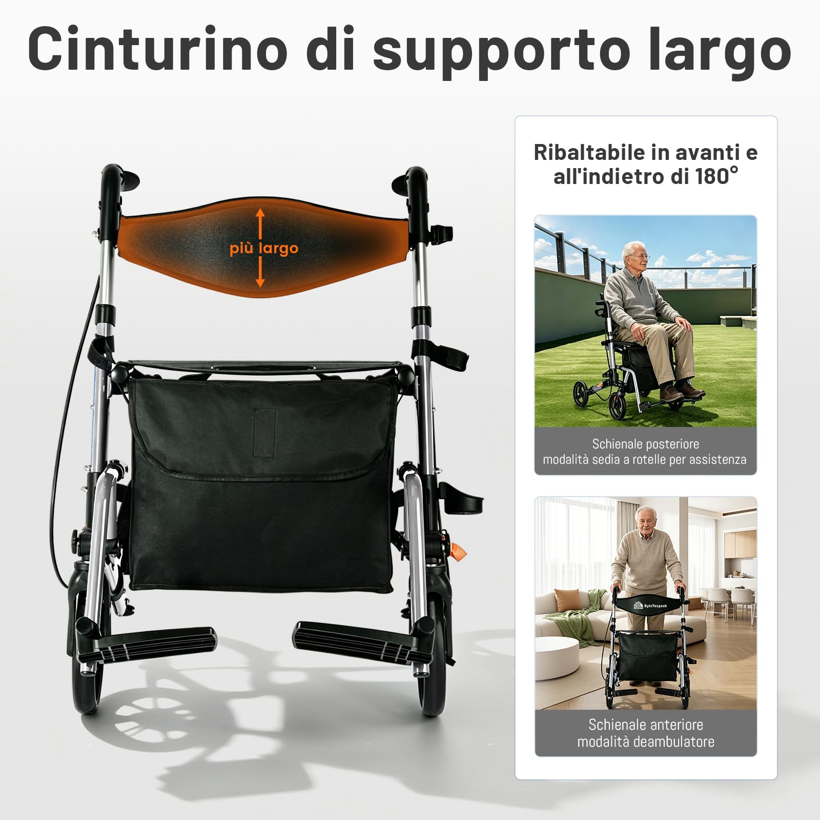 R3 Deambulatore leggero 2 in 1 e sedia a rotelle– Carrello pieghevole regolabile in altezza ed ergonomico, con funzione sedia a rotelle per interni ed esterni, con custodia (Argento)