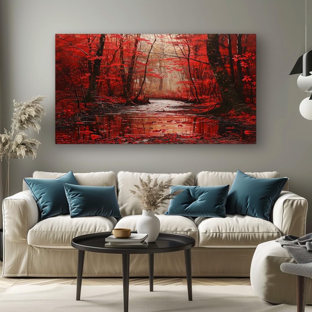 MKBKLI Abstract Canvas Wall Art for Living Room Red Forest River Paintings for Bedroom, Office, Kitchen - Home Decor Pictures, 60x120cm