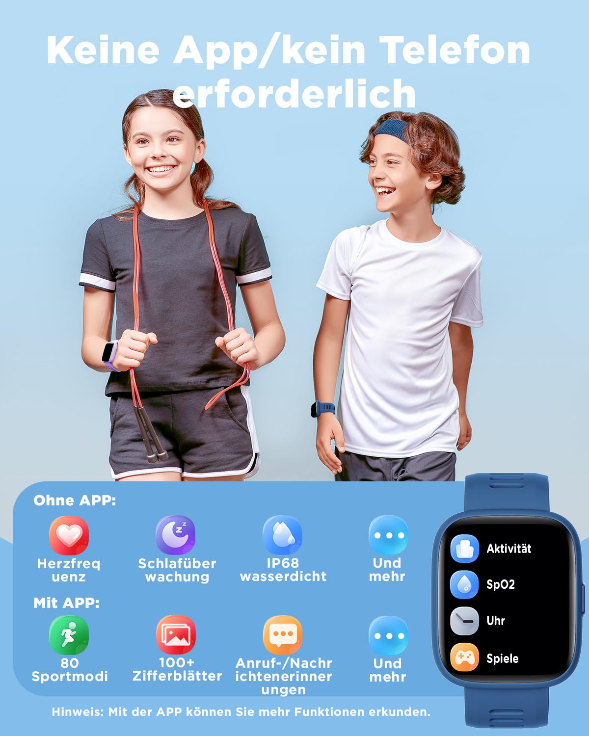 BIGGERFIVE Smartwatch Kinder, 1,8" Fitness Uhr Schrittzähler, 24/7 Puls | IP68 Wasserdicht, Schlafmonitor, Wecker, 5 Puzzlespiele mit/ohne App, Fitness Tracker für Mädchen Jungen Teens 5–16