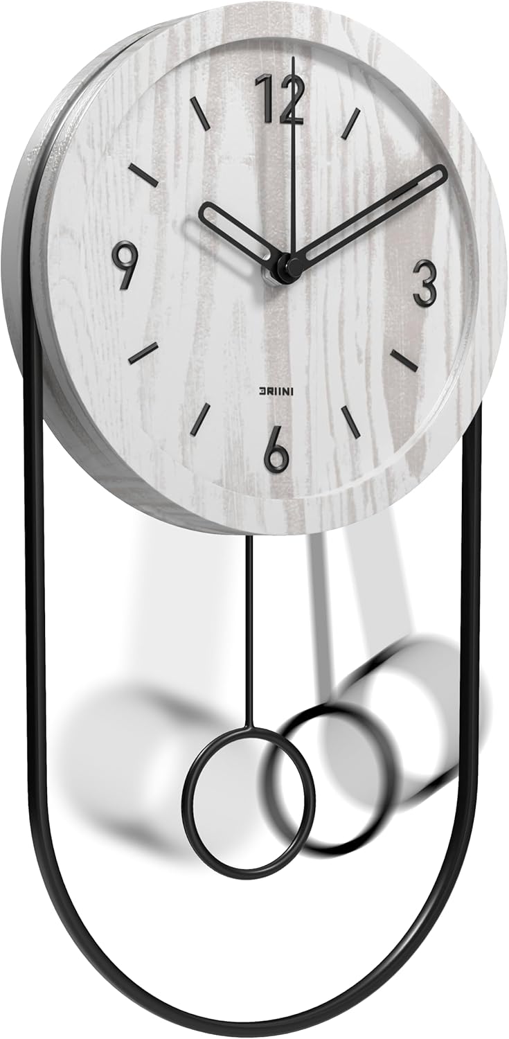 Driini Decorative Wall Clock with Pendulum (White) – Modern Wood, 3D Gold Numbers, Metal Frame – Small, Unique Wall Clocks for Living Room Decor or Bathroom - Battery Operated, Silent, Non-Ticking
