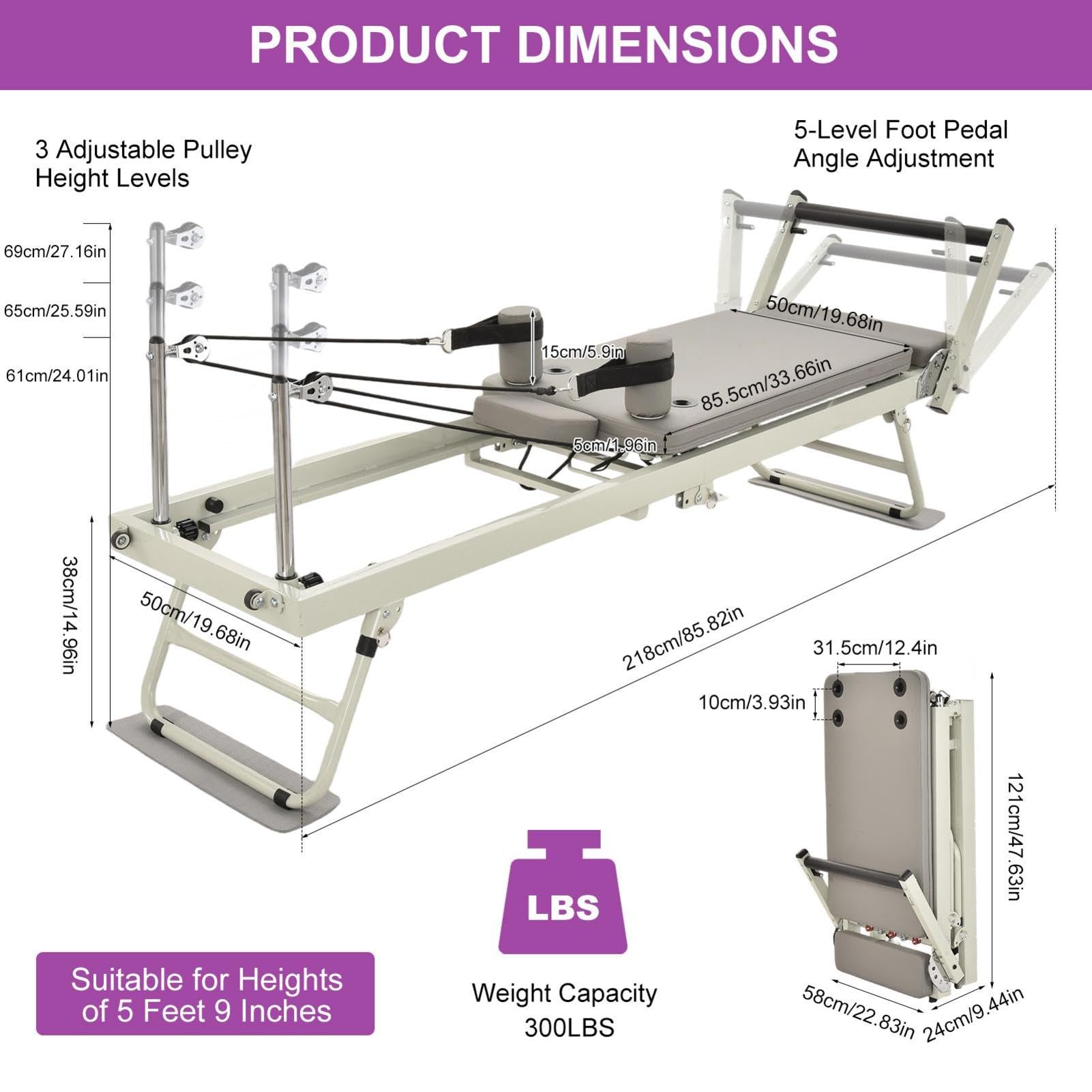 Macchina Pilates Reformer | Peso massimo 136 kg | Portatile Per Allenamento Core, Pilates Reformer Pieghevole Con Di Resistenza | Allenamento In Palestra, Appartamento E Casa