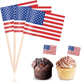 100 Pcs 4th of July American Toothpick Flag Toppers Cake Decorations Independence Day Patriotic Cupcake Toppers Picks for Army Graduation Party Supplies