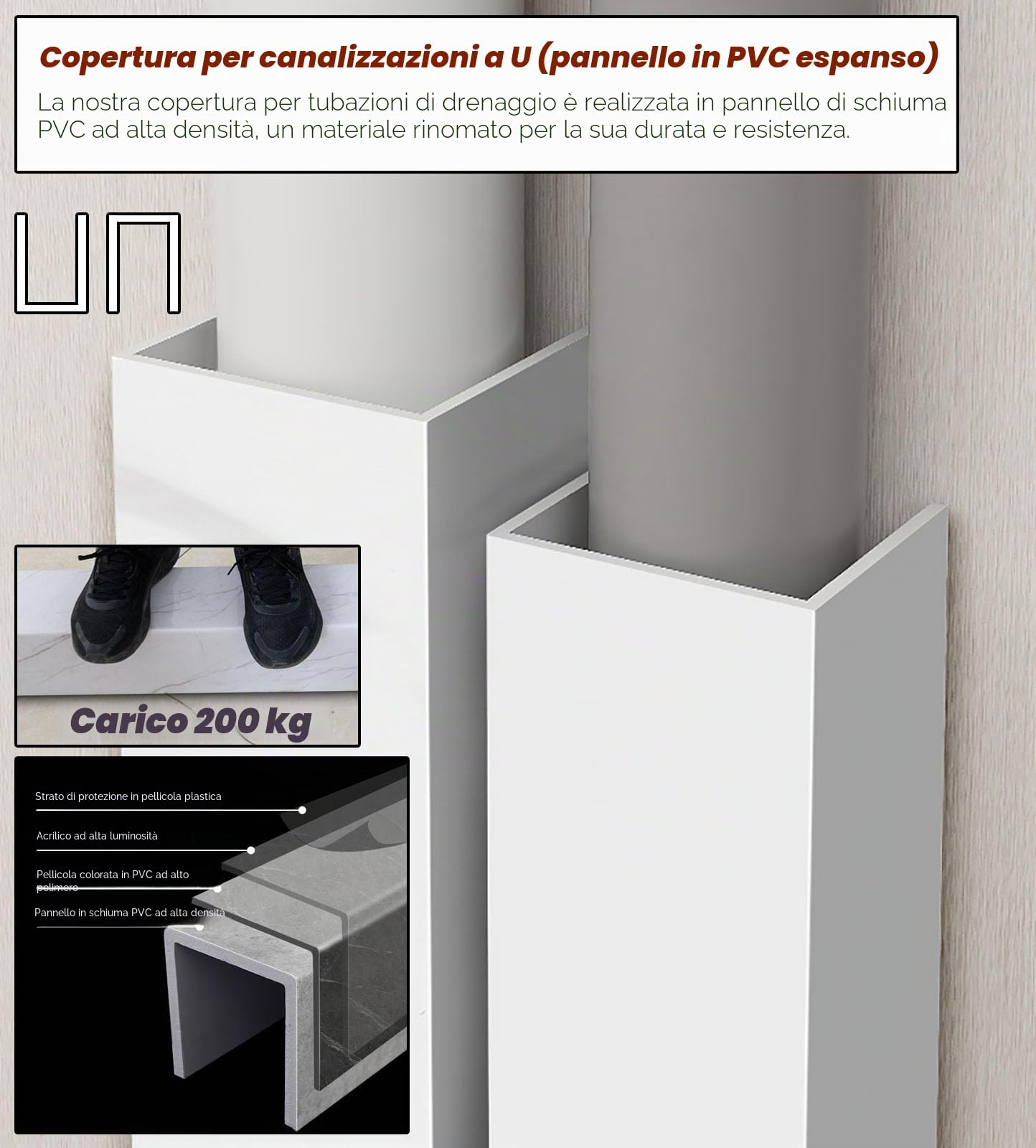 Copertura per tubi in PVC per parete, 50-119 cm, per tubi sotto il lavello, per cucina e bagno, canale quadrato, correttore per canalizzazione cavi