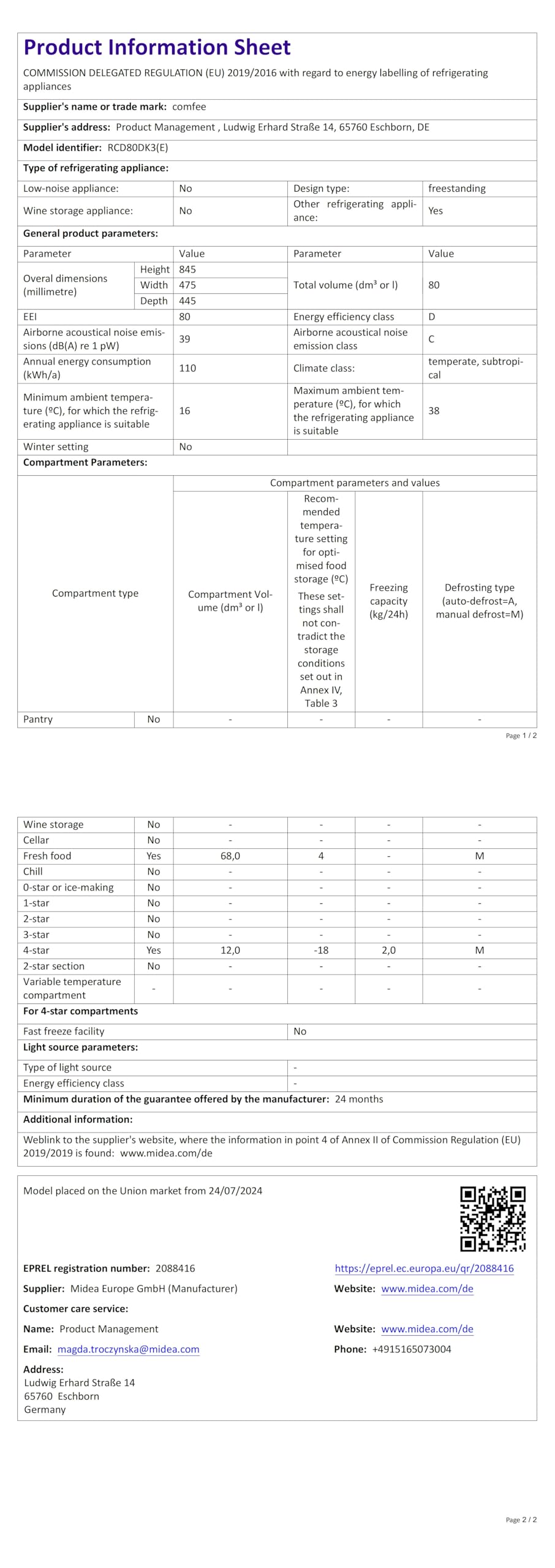 COMFEE' RCD80DK3(E) Frigorifero con Congelatore 80 Liter, Frigo Monoporta, Bassa Rumorosità 39db, Porta Reversibile, Compressore Inverter, Luce LED, Adatto per Casa, Ufficio, Camera, Nero