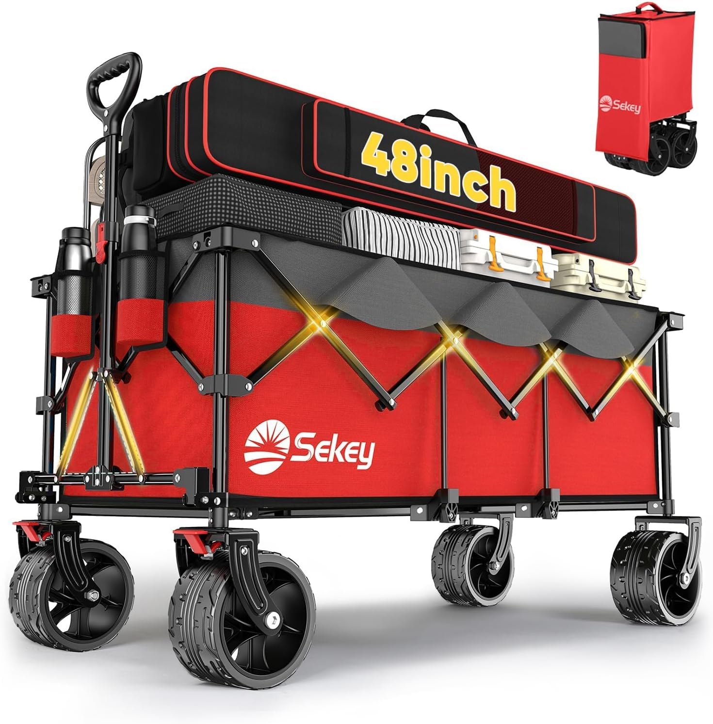 Collapsible Foldable Extended Wagon with 440lbs Weight Capacity, Heavy Duty Folding Utility Garden Cart with Big All-Terrain Beach Wheels & Drink Holders. Red&Grey