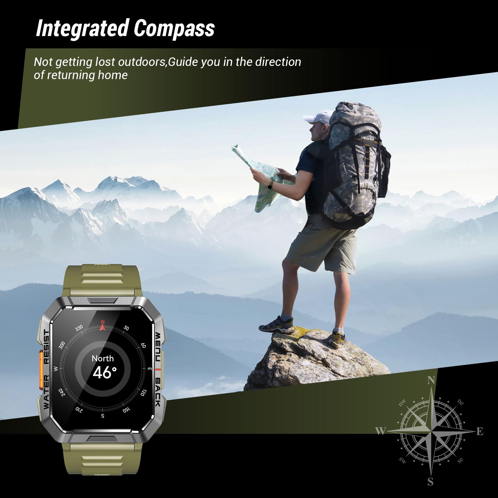 IOWODO SmartWatch Uomo，2.01“ Militari Smart Watch con Torcia/900mAh Batteria/2 Cinturini/Bussola/SpO2/100 Sportive/Cardiofrequenzimetro/Sonno,Orologio Fitness Tracker per iOS/Andriod