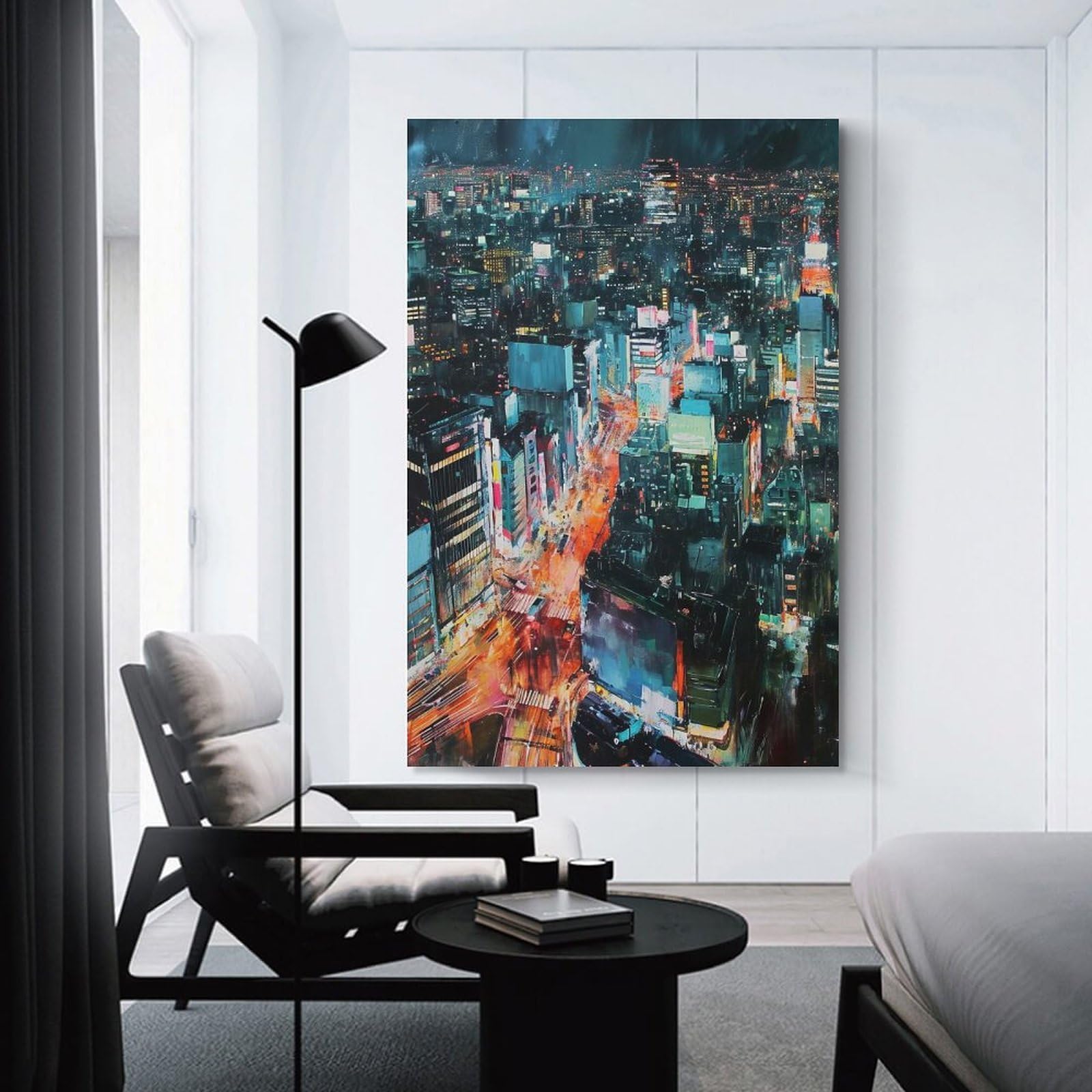 Junmoney Decorative Canvas Print Night Cityscape Painting, 20x30inch(50x75cm), for Home Office, Desk Area Or Studio, Home Office Artwork with Decorative Appeal