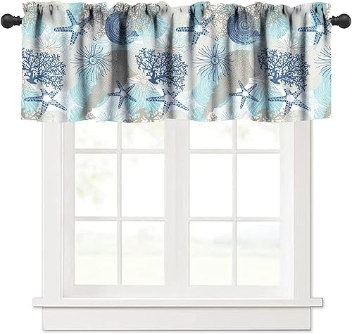 Cortina de cenefa temática de playa con bolsillo para barra, diseño de concha de mar de playa, diseño de conchas de mar, tela para cocina,