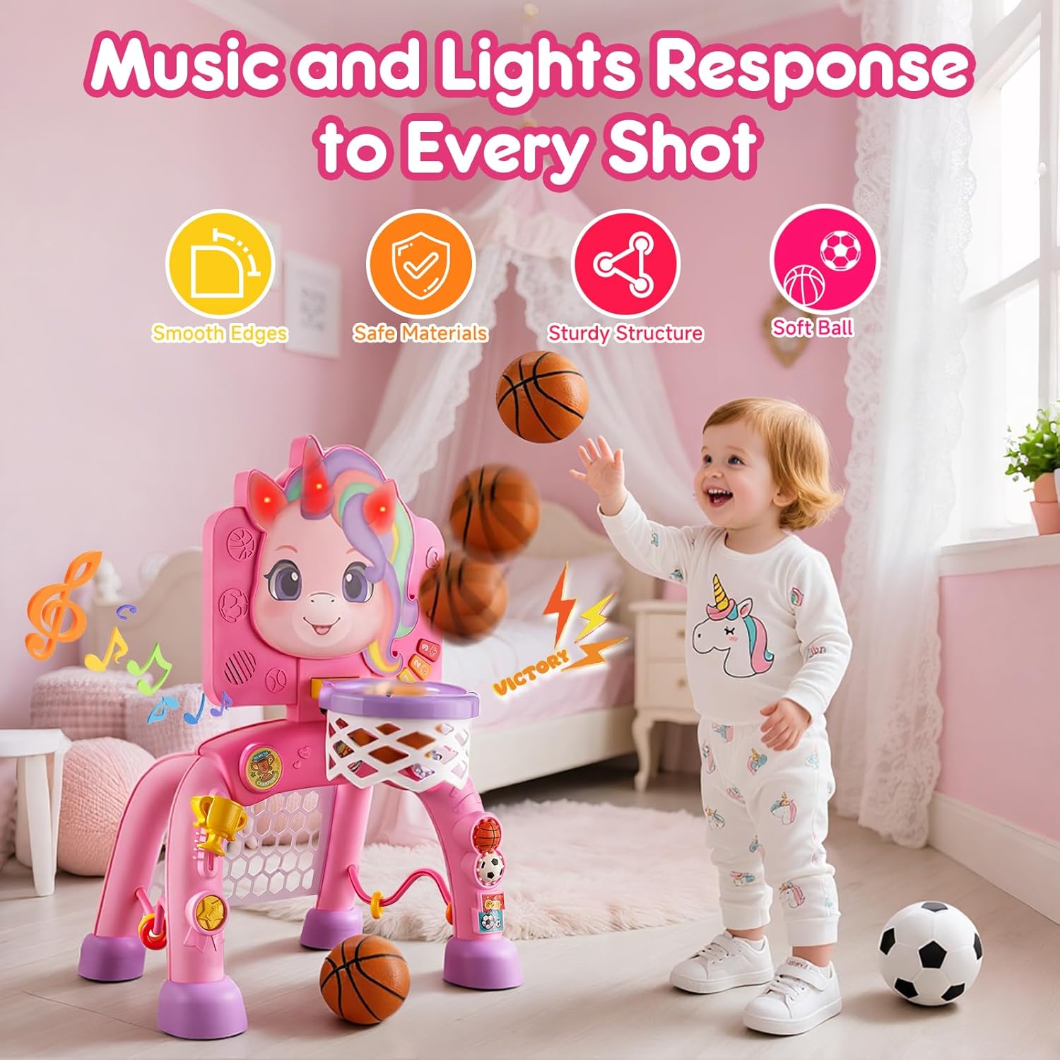 Toddler Basketball Hoop & Soccer Goal Activity Center, Interactive Toys with Light Music,Unicorn Toddlers Musical Toys Gift, Baby Birthday Easter Gifts Gift for 1 2 3 Year Old Boys Girls