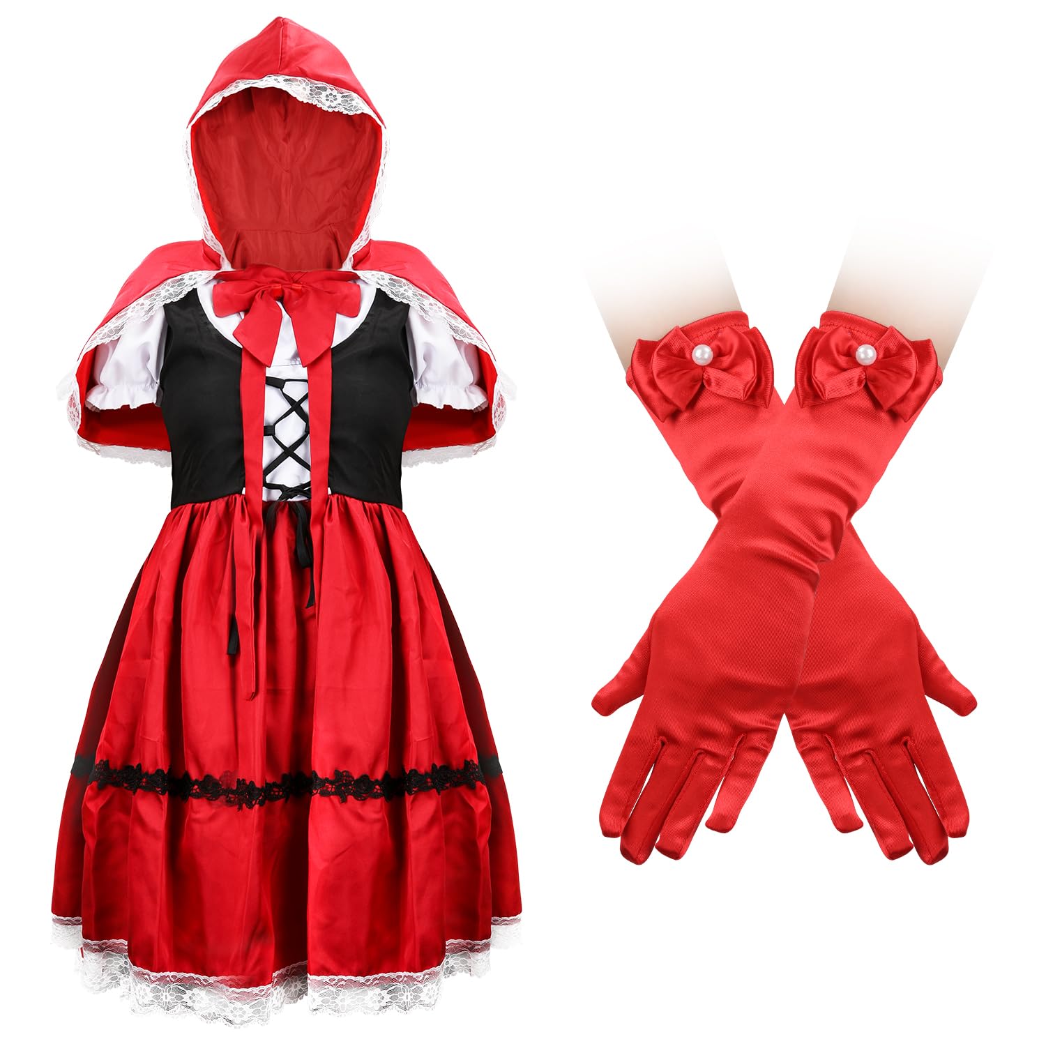 Disfraz de Caperucita Roja Niña, Lindo Lazo Disfraz de Caperucita Roja Bebe Trajes de Disfraces para Niñas con Capa Guantes para Halloween Fantasía Vestido Fiesta Cosplay 13-14 Años (L)