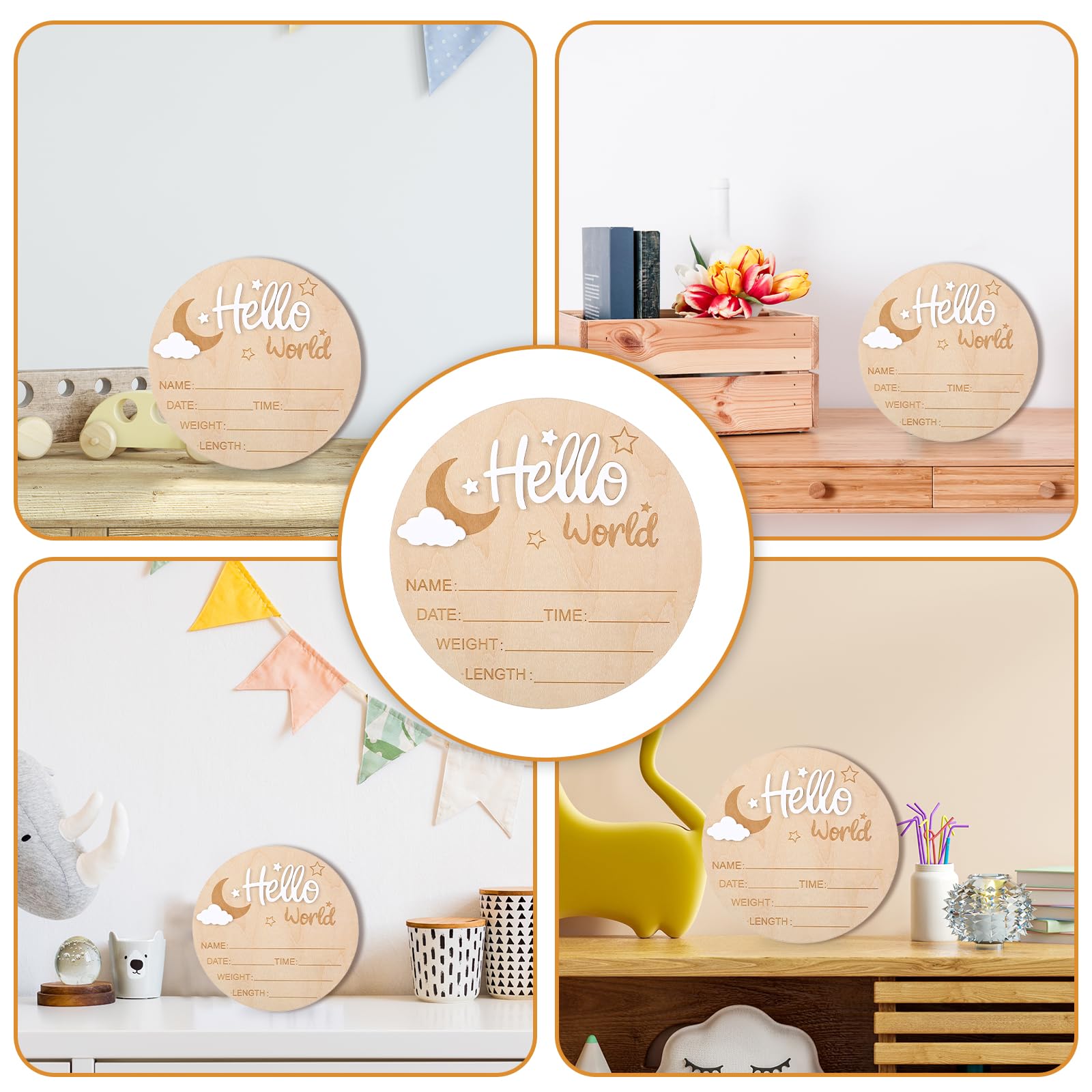 Nogeqi Biglietti miliari bianchi per bambini legno Hello World neonati rotondi genitori incinte