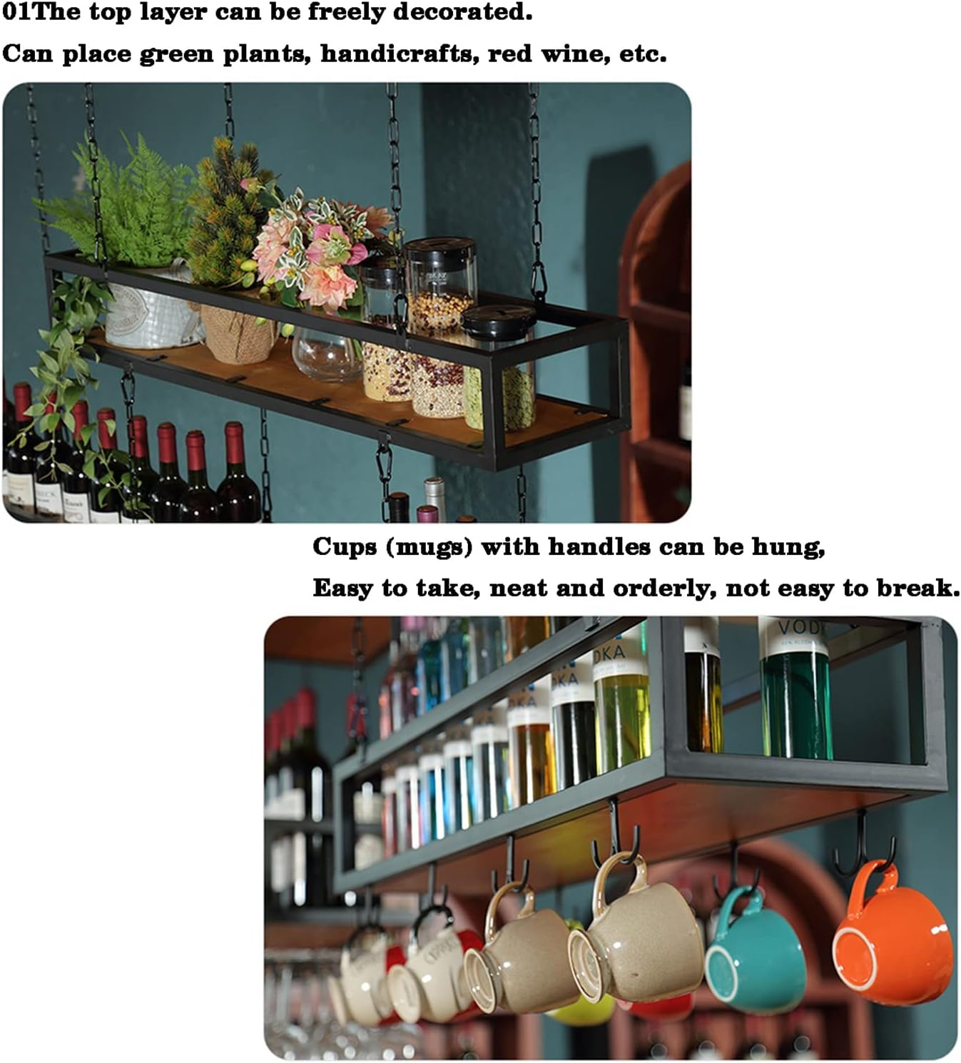 Ceiling Decoration Ceiling Shelf Ceiling Wine Rack Height-Adjustable Decoration Shelf,Retro Iron Solid Wood Ceiling Shelf Single-Layer,for Bars/Restaurants/Kitchens (Size : 60X25X1