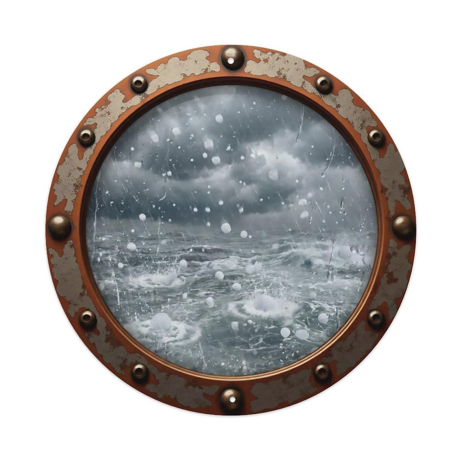 Vintage Porthole Hail Storm Impact View Metal Tin Sign