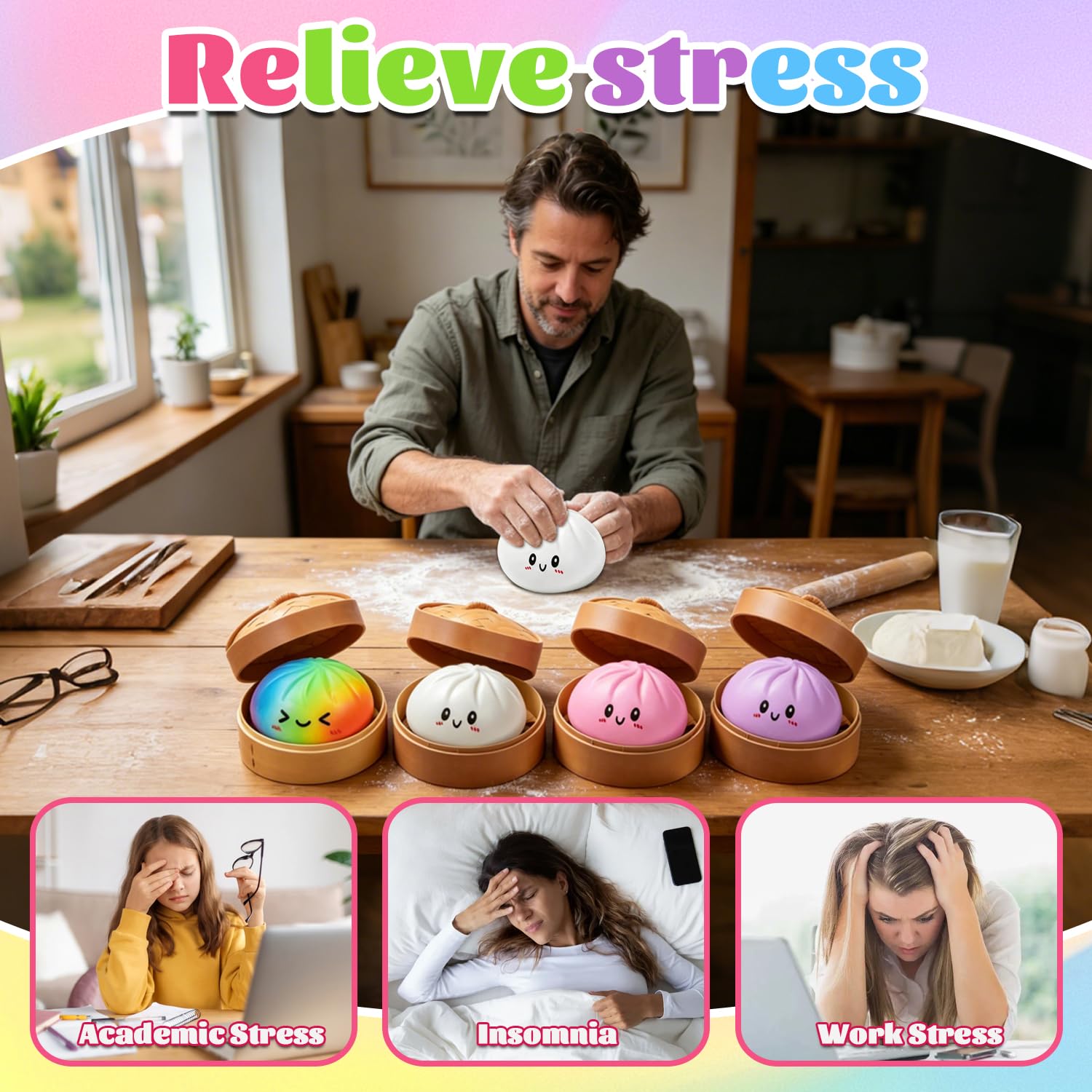 Giocattoli Antistress Gnocco, 4 Pezzi Palline Antistress Gnocco, Dumpling Stress Ball, Dumpling Squishys Toy, giocattolo squishy gnocchi, Glitter Dumpling Squishys, Per Lavoro, Studio, Viaggio E Relax
