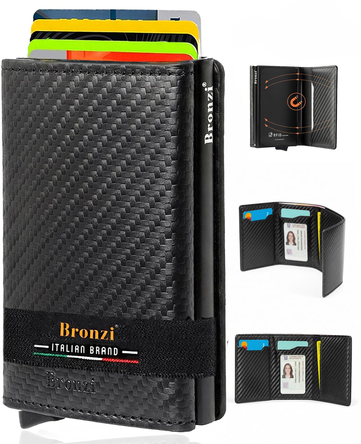 Bronzi® Portafoglio Uomo Slim Piccolo | Portacarte Uomo Donna Portatessere Porta Carte Di Credito | Portafogli Mini Protezione RFID con Portamonete | Box Regalo - Brand Italiano [Aggiornato 2026]