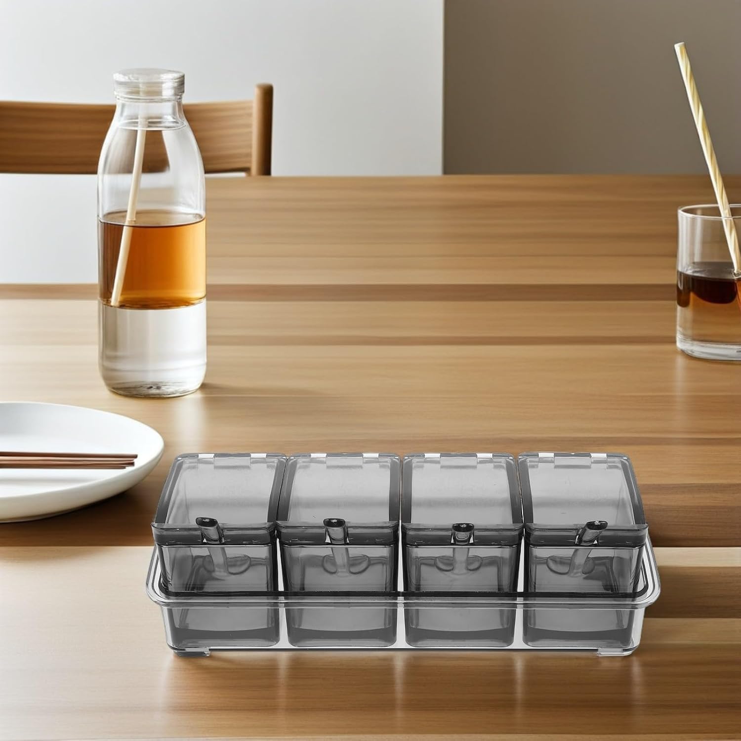 jojofuny 4-compartment Plastic Seasoning Container Box with Flip Lids, Separated Spice Pots for Kitchen, Black Multi-compartment Condiment Organizer for Salt Sugar and Seasoning Storage