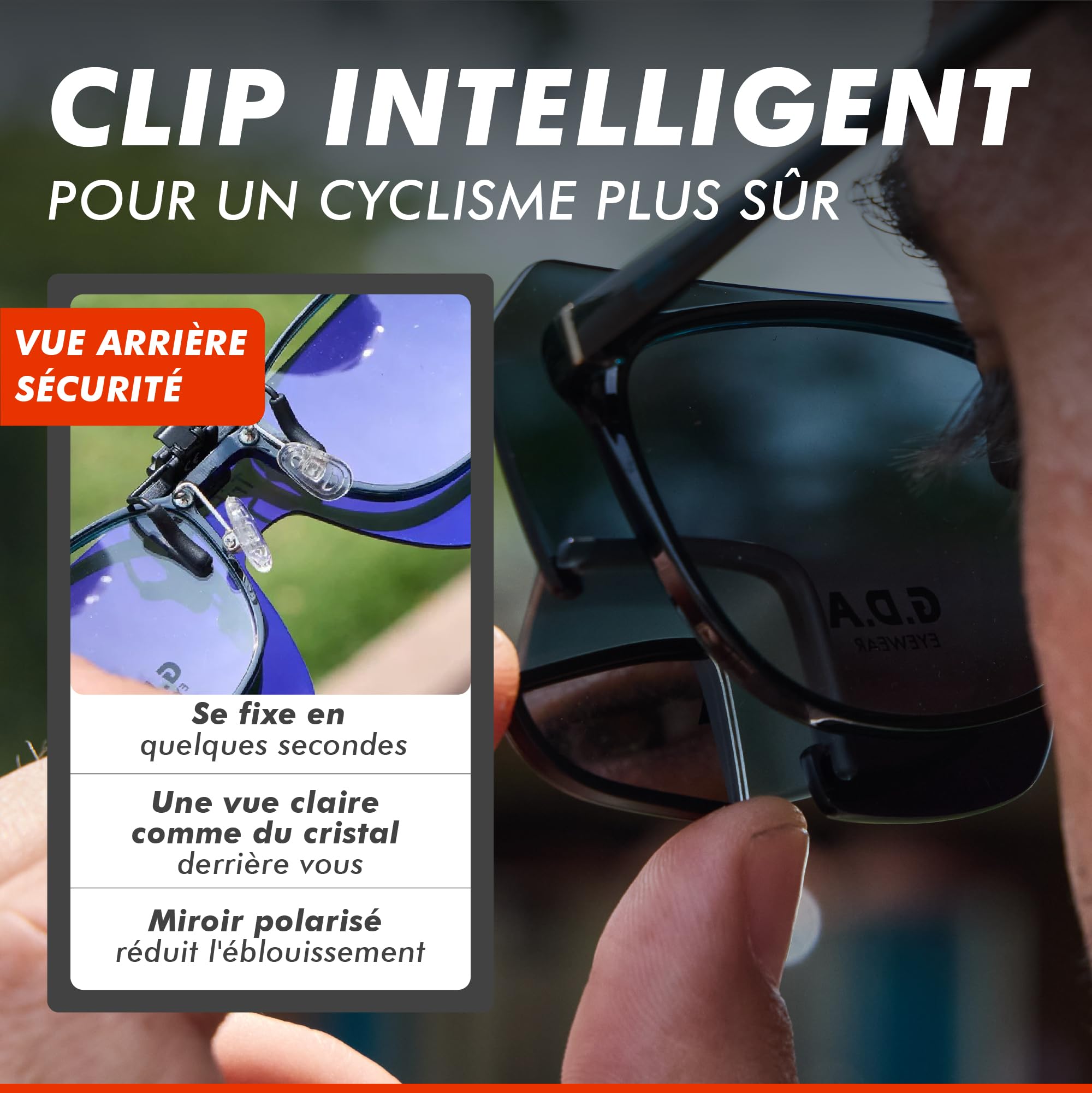 TriEye View Clip-On Lunettes de Soleil avec Rétroviseur Gauche – Lunettes Polarisées à Clipser pour Porteurs de Lunettes – 140/145 mm – Verres Clairs ou Fumés