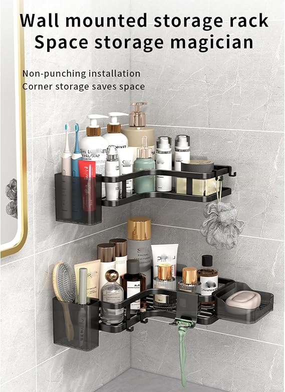 Corner Shower Caddy Kits,6Pcs Bathroom Shelves,Shower Storage Rack,Shelf Organiser No Drilling,Rust-Resistant Shower Caddy Organiser Wall Mounted with Soap Holder&Hooks&Toothpaste Holder (Black)