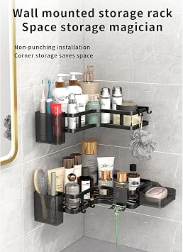 Corner Shower Caddy Kits,6Pcs Bathroom Shelves,Shower Storage Rack,Shelf Organiser No Drilling,Rust-Resistant Shower Caddy Organiser Wall Mounted with Soap Holder&Hooks&Toothpaste Holder (Black)
