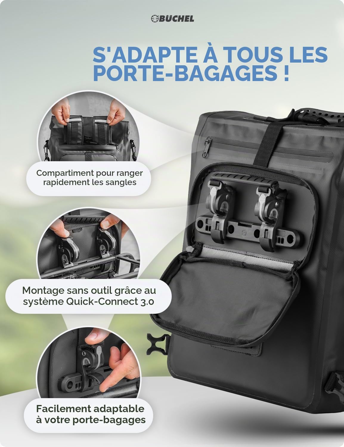Büchel 3in1 Sacoche de vélo pour Porte-Bagages, utilisable comme Sac à Dos, Sac à bandoulière ou Sacoche de Porte-Bagages | Sacoche de vélo imperméable et réfléchissante