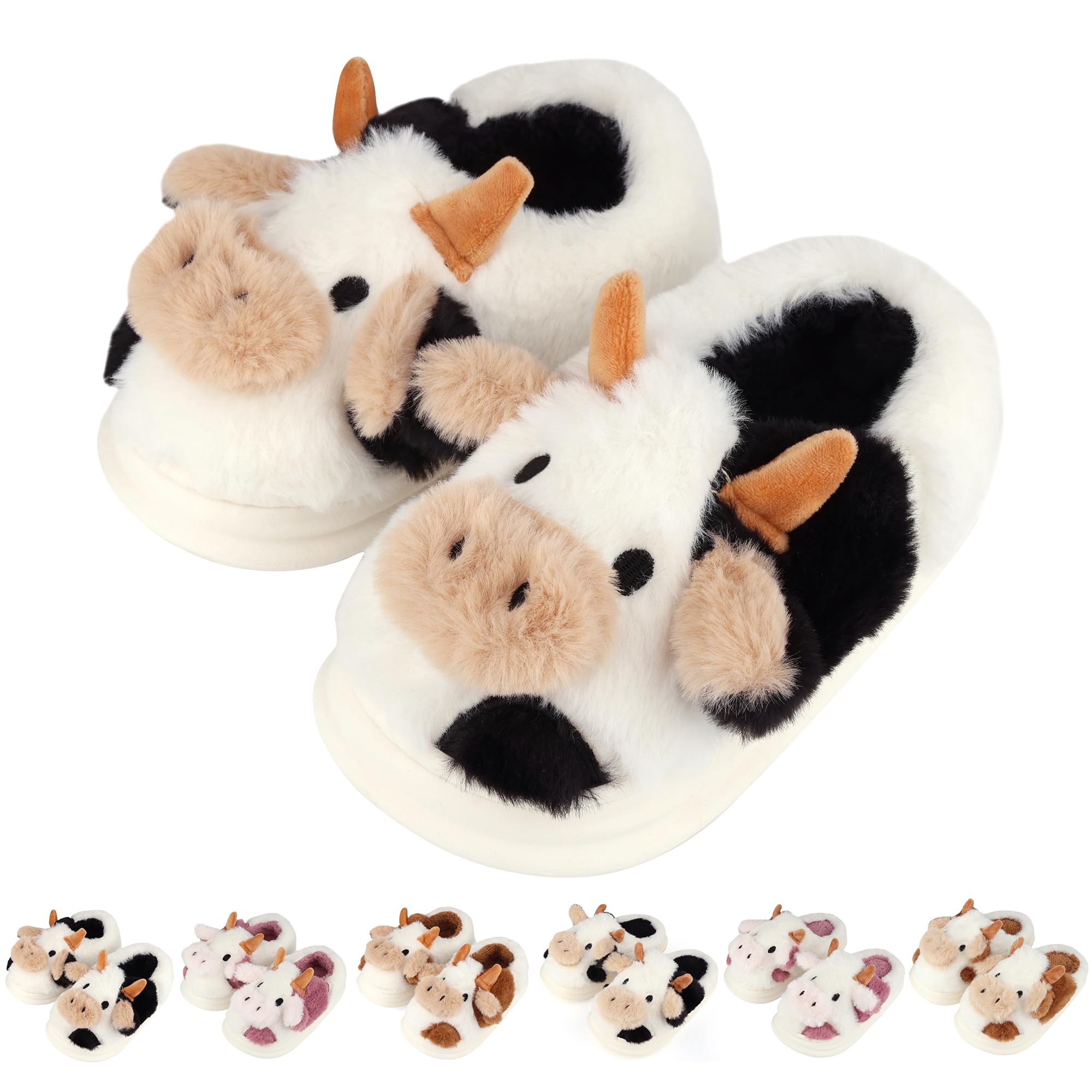 LANIVIC Kids Cow Slippers Toddler Boys Girls Soft Plush House Slippers Cute Animal Winter Comfy Warm Fuzzy Memory Foam Non-slip Indoor Outdoor Shoes