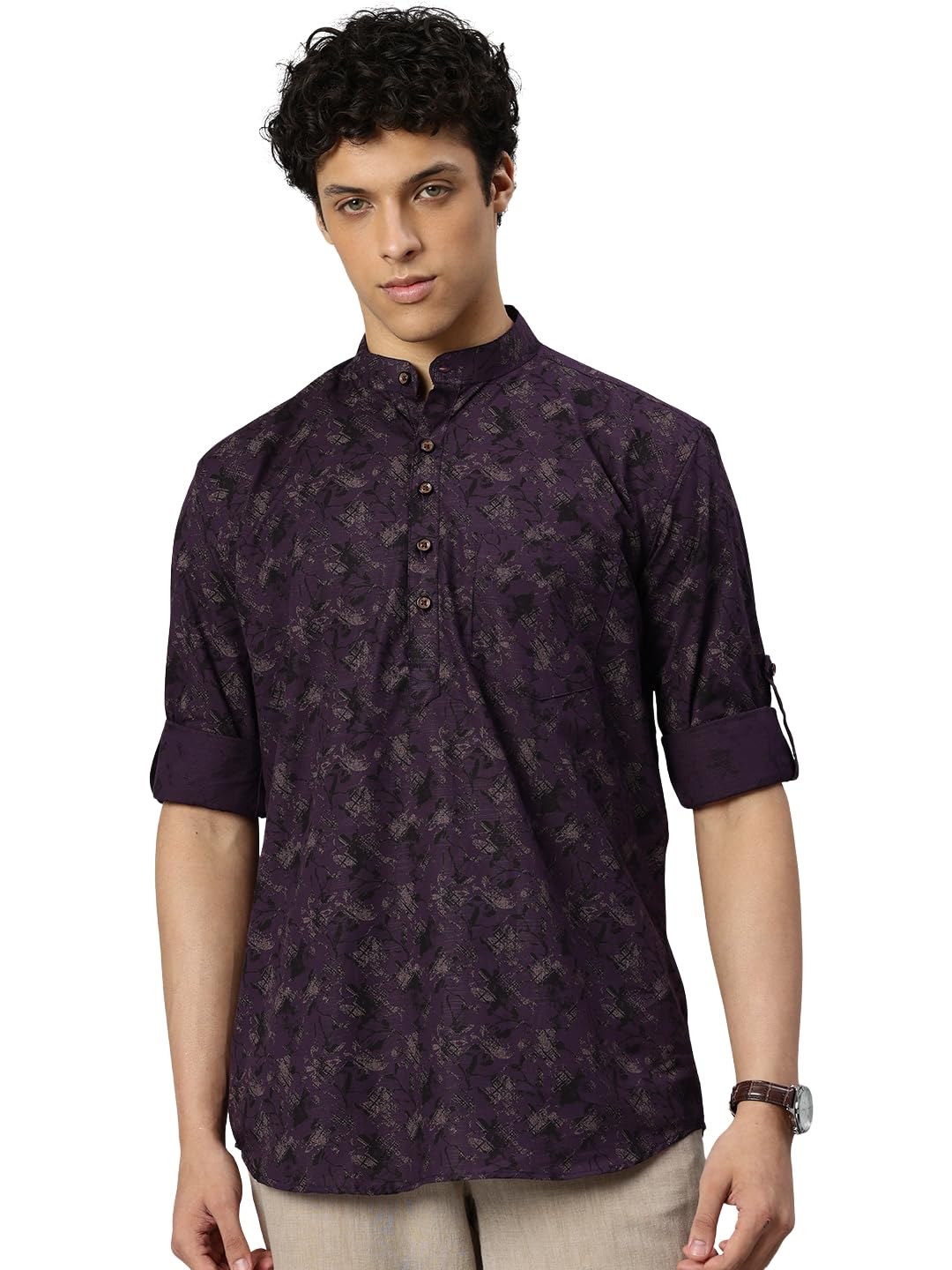 majestic man Men’s Abstract Printed Cotton Mandarin Collar Roll-Up Sleeve Short Kurta-picture-29