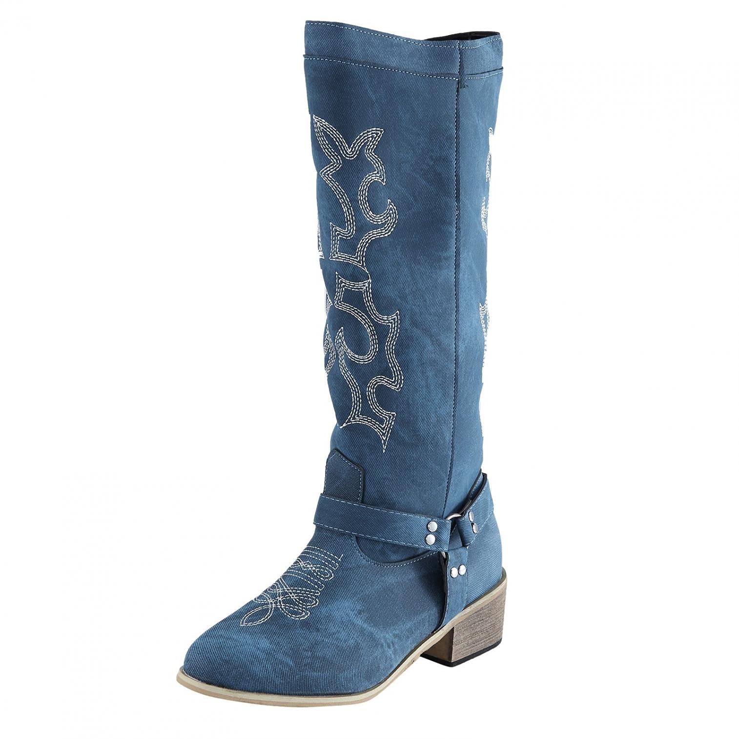 Damen Retro Cowboystiefel Westernstiefel Stickereien Niedrigem Absatz Schlupfstiefel mit Reißverschluss Stiefel Runde Zehen Schuhe Biker Boots rutschfeste Bequeme Winterstiefel