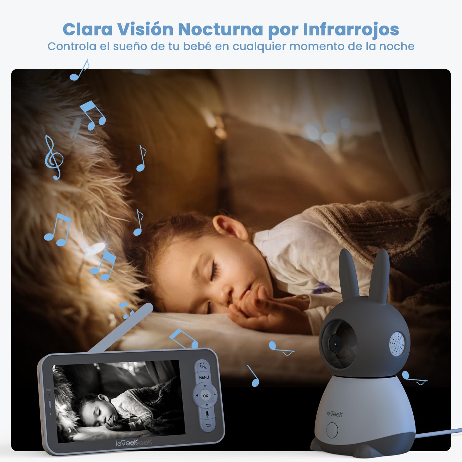 ieGeek 5” 2K/3MP Camara Vigilancia Bebe, 360° Vigilabebes con Camara con 5” Pantalla Dividible, Monitor con Audio 2 Vías, Automatic Tracking, Area Detection, Deteccion Ruido,Vox, para Recien Nacido