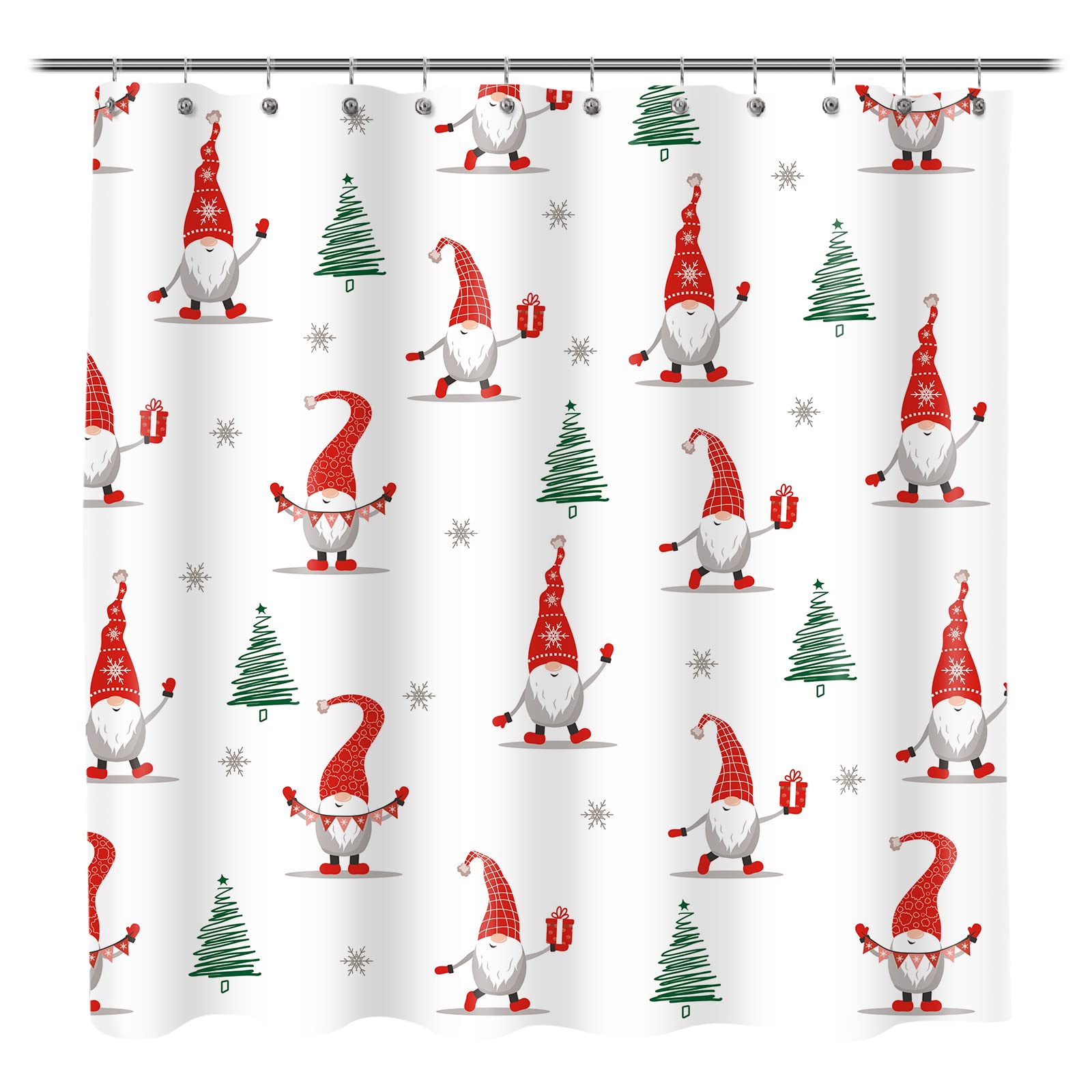 Sunlit Christmas Shower Curtain, Red Gnome Elf Doll and Xmas Trees Snowflake Pattern Shower Curtain for Bathroom Decor, 71x71 Inch