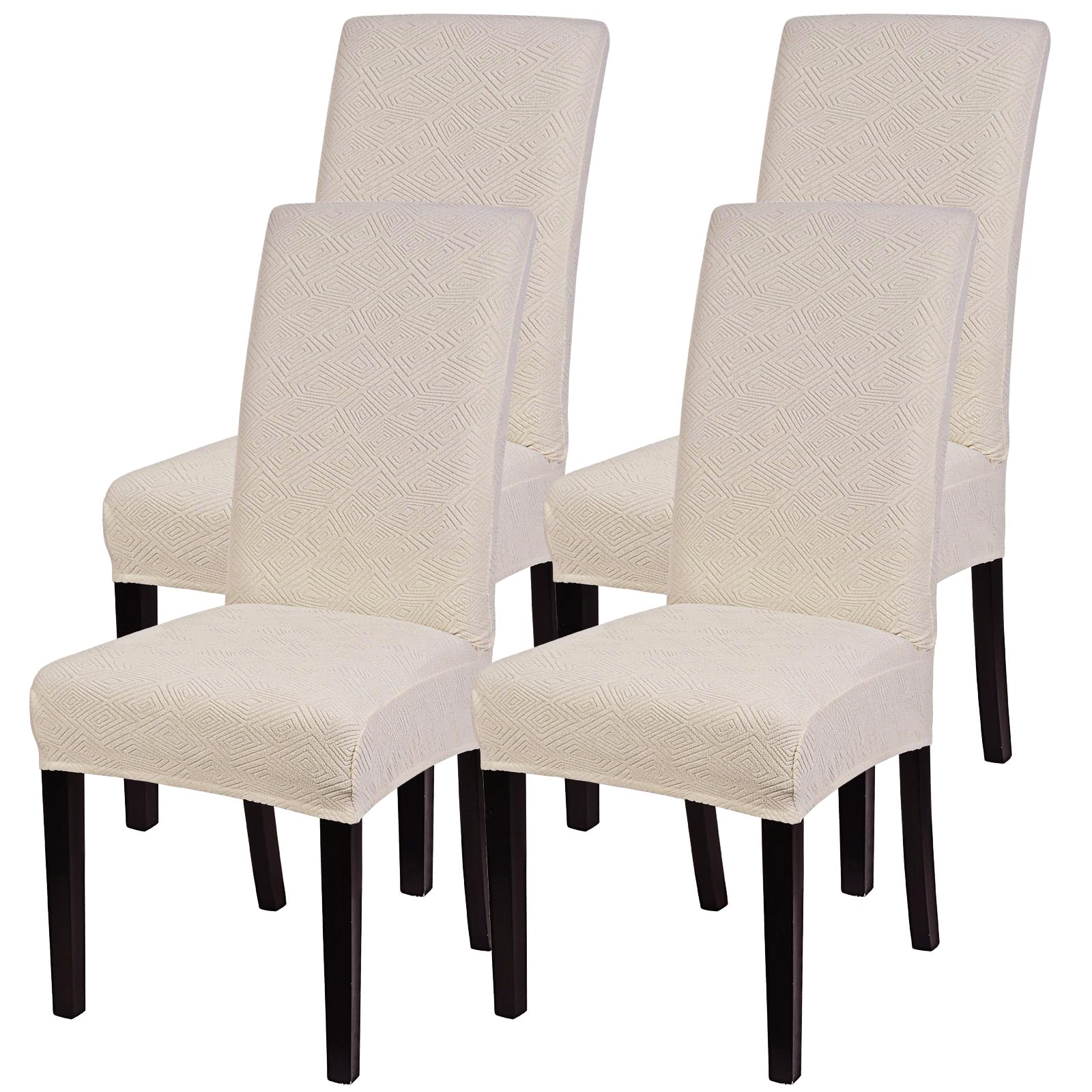 SearchI Jacquard Dining Room Chair Covers Set of 4, Stretch Kitchen Chair Covers Washable Parsons Chair Slipcover Removable Dining Chair Protectors for Hotel,Ceremony(Beige)