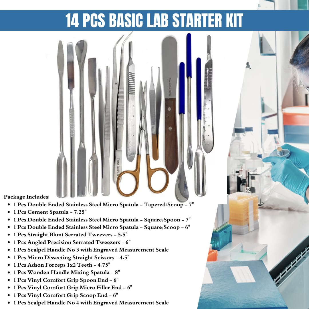 14Pcs Laboratory Sampling Stainless Steel Lab Spatulas Micro Scoop Spoon Kit with Forceps, Dissecting Scissors, Graduated Scalpel Handles, Multipurpose Science Experiment Supplies for Schools