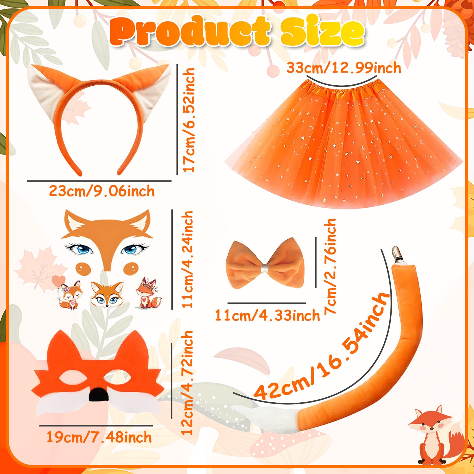 WanderGo Fox Costume Dress Up Set, 6Pcs Fox Ears and Tail Mask Bow Tie Stickers Orange Tutu Skirt Kids Animal Fancy Dress Outfit Halloween Cosplay Party Accessories - Image 2