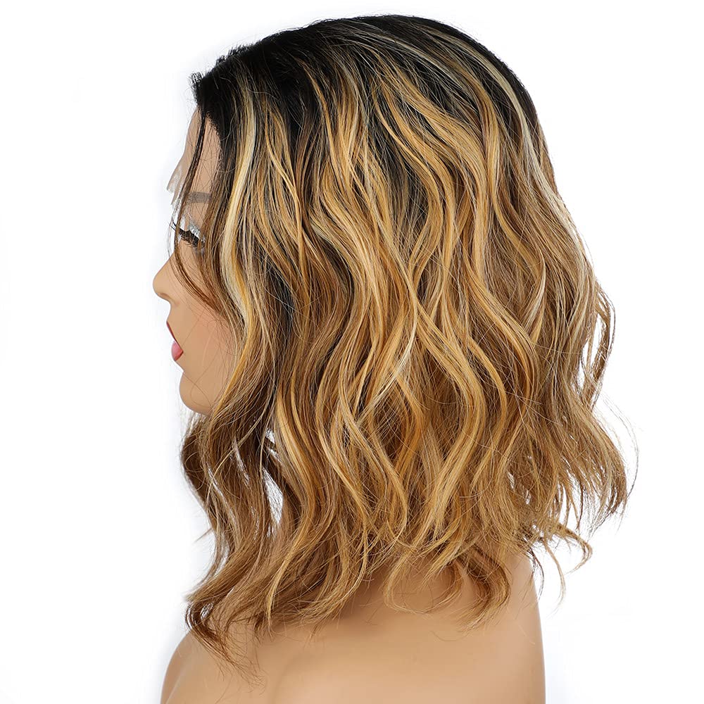 aSulis Lace Front Wig Highlight Wig Short Wig Blonde Mixed Brown Curly Wig Synthetic Hair