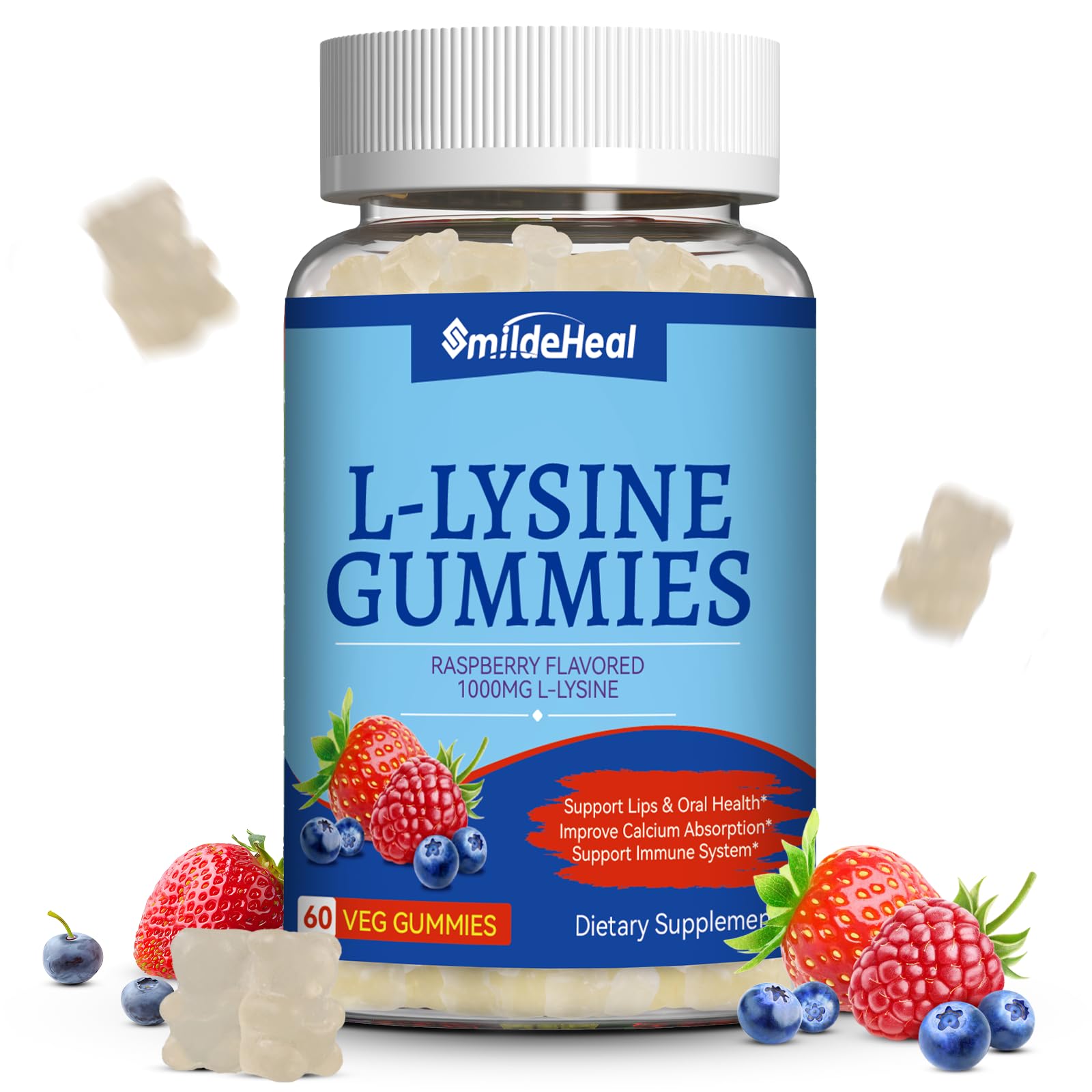 L-Lysine 1000mg Gummies, Chewable Lysine Supplement for Adults, Immune Support, Collagen Formation Support, Vegan, Gluten Free - 60 Counts