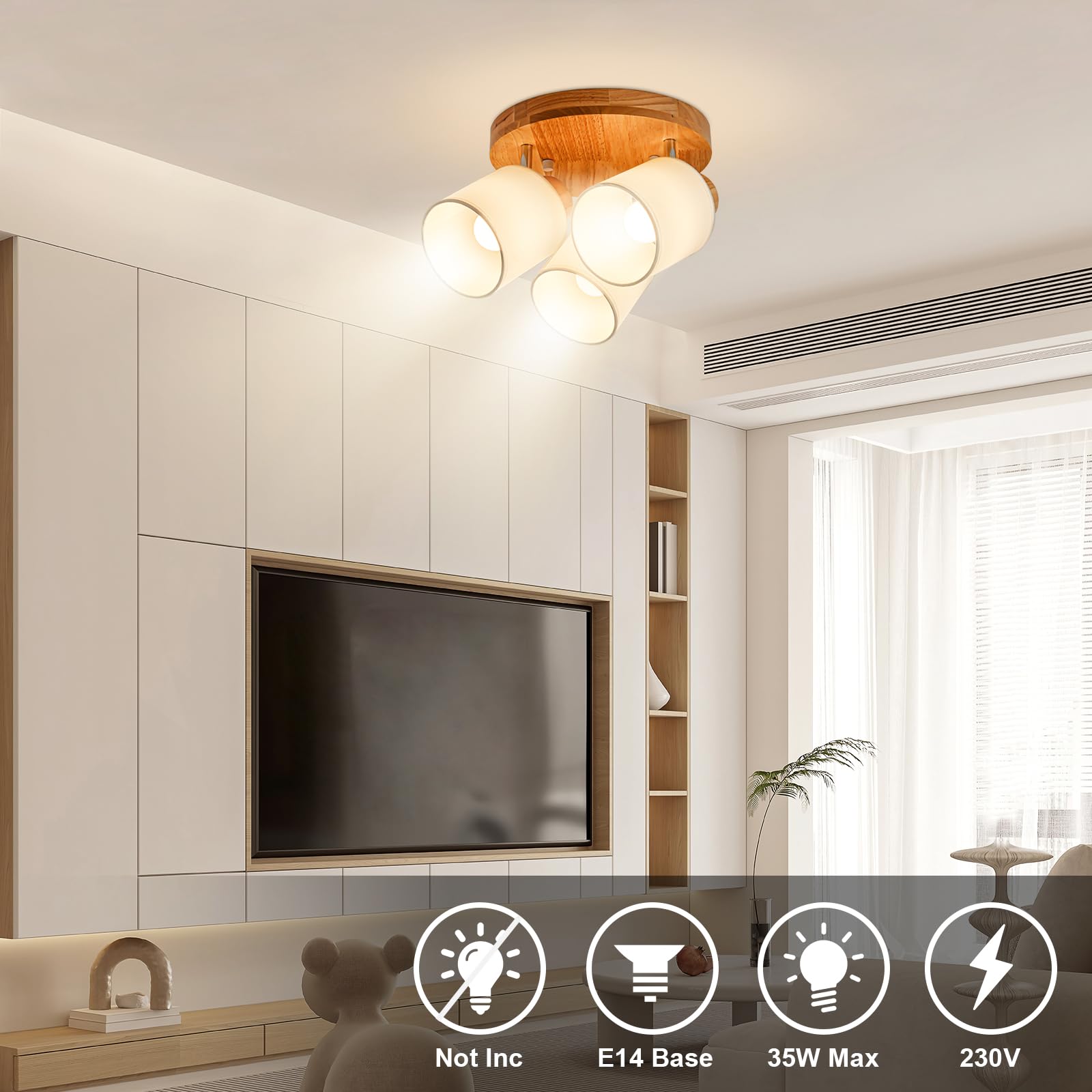Lámpara de Techo 3 Focos Orientable Redonda, Madera Plafones de Techo E14 Plafón Foco de techo Retro Aplique Pared Interior Giratorios Para Cocina Pasillos Salón Dormitorios, Sin Bombilla