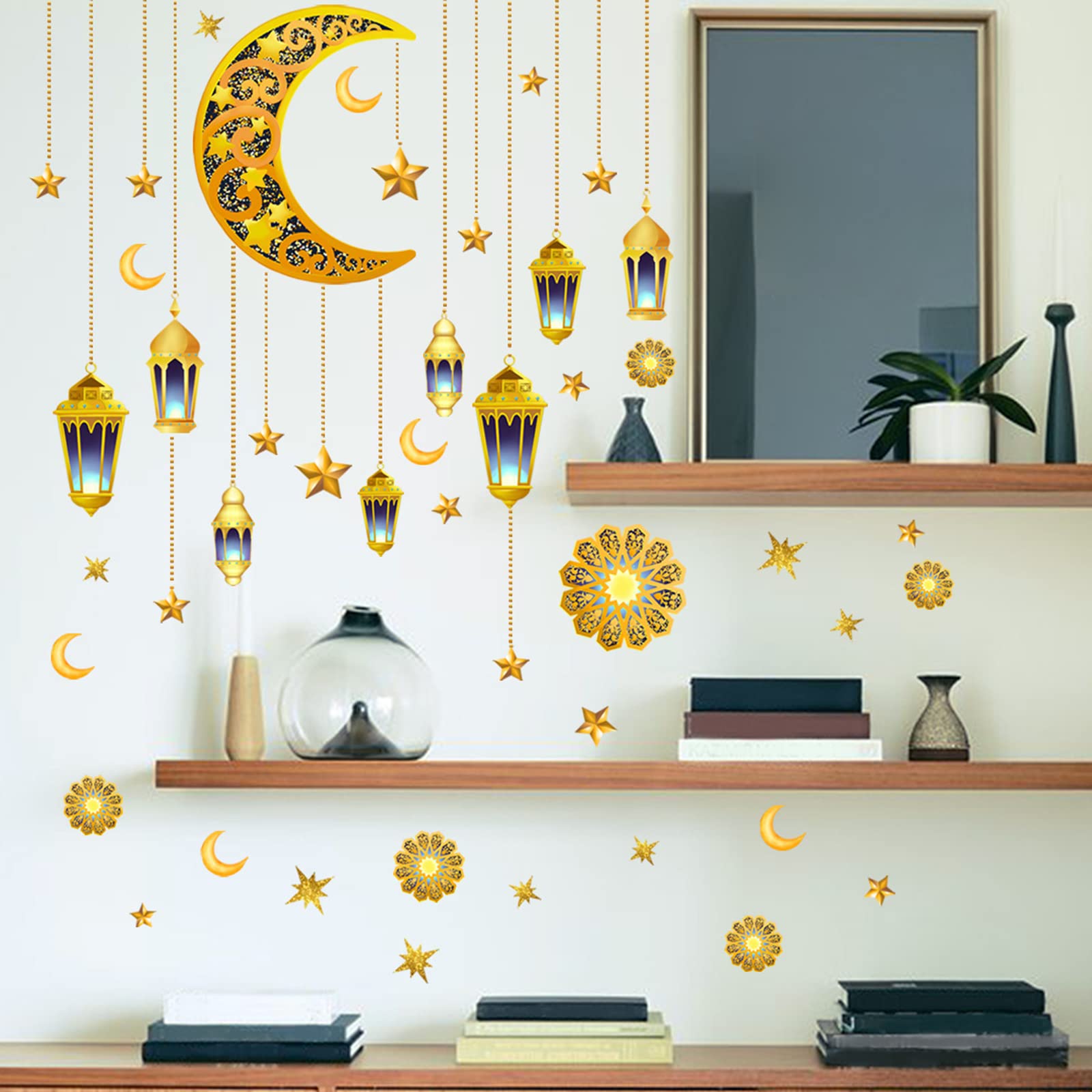Ramadan Decorations Wall Stickers,Islamic Muslim Wall Art Decals,Eid Mubarak Ramadan Decor Lantern Moon Star Window Clings for Home Living Room Bedroom Decorations Wallpaper (Style3)