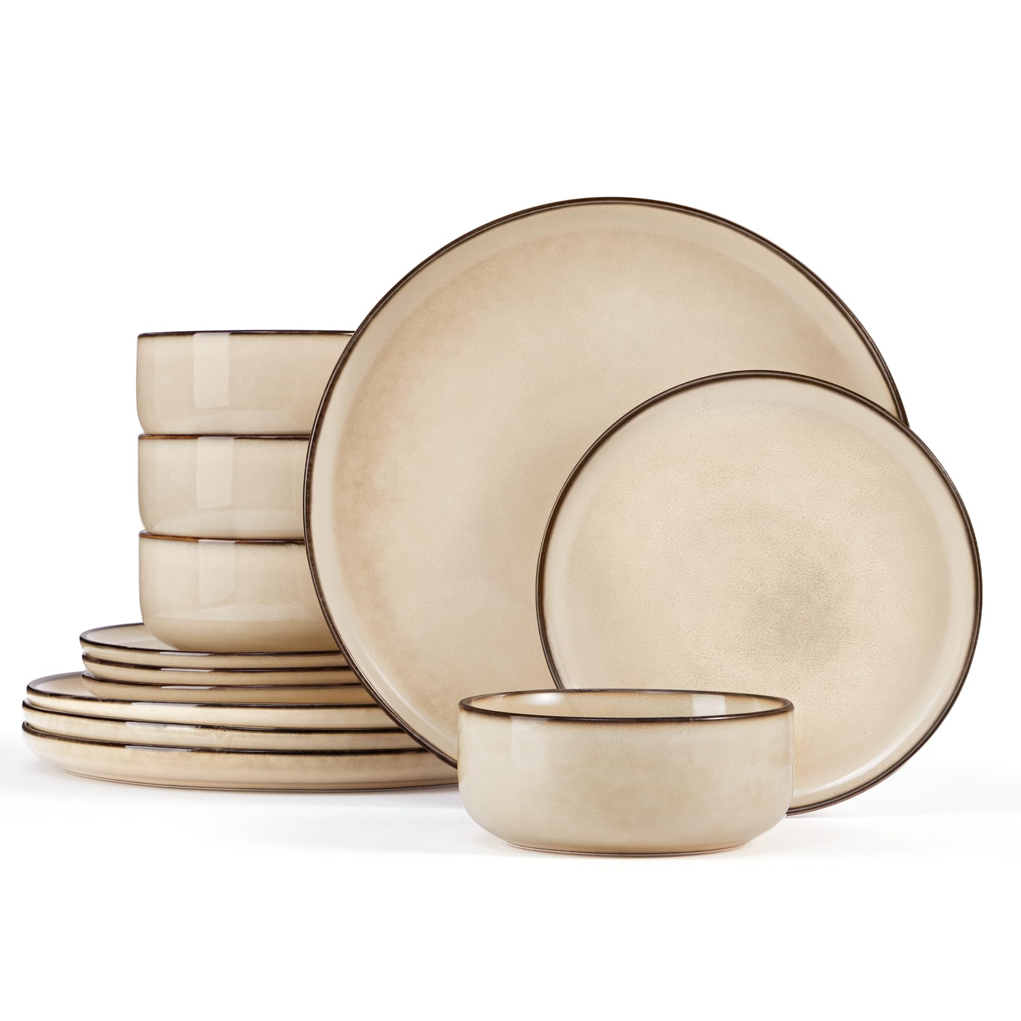Homikit 12 Piece Dinner Set, Reactive Glaze Kitchen Dinnerware Sets for 4, Elegant Stoneware Included Plates and Bowls, Non-Scratch & Sturdy, Dishwasher & Microwave Safe, Desert Khaki