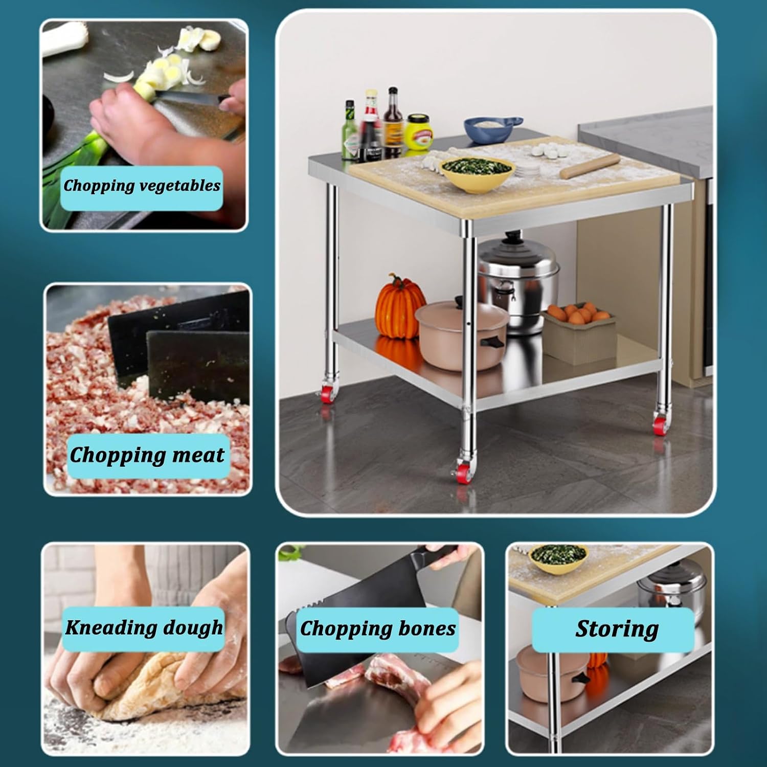Stainless Steel Work Table, Kitchen Prep Table, Commercial Food Prep Worktable with Casters, Heavy Duty Prep Worktable, Metal Work Table for Restaurant, Home and Hotel(L70xW60cm/27.5x23.6in)