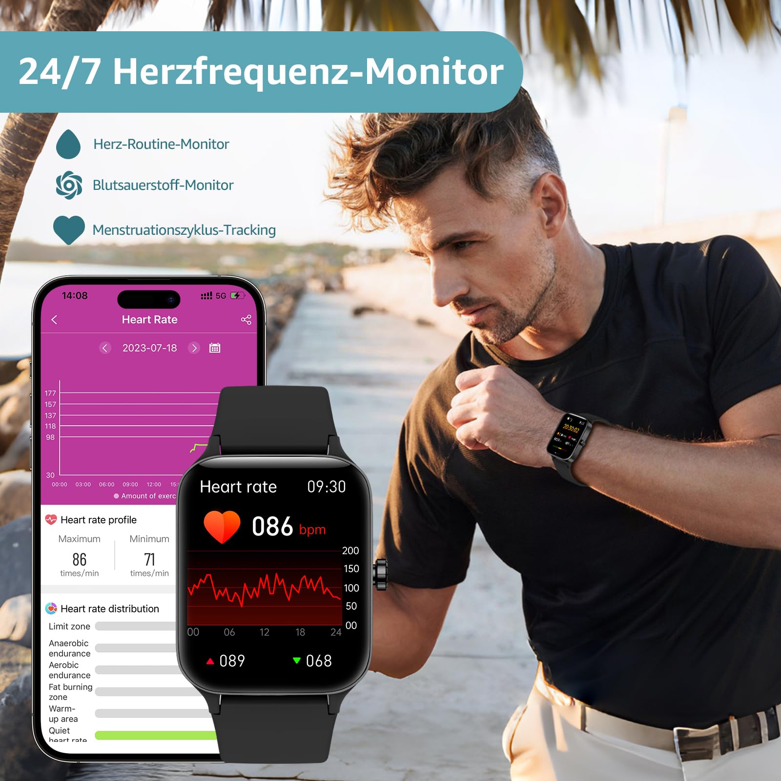 Smartwatch Damen Herren 1.95 Zoll Touchscreen Smart Watch Telefonfunktion 140+ Sportmodus Wasserdichter Fitness Tracker Schlafüberwachung Herzfrequenz Android iOS