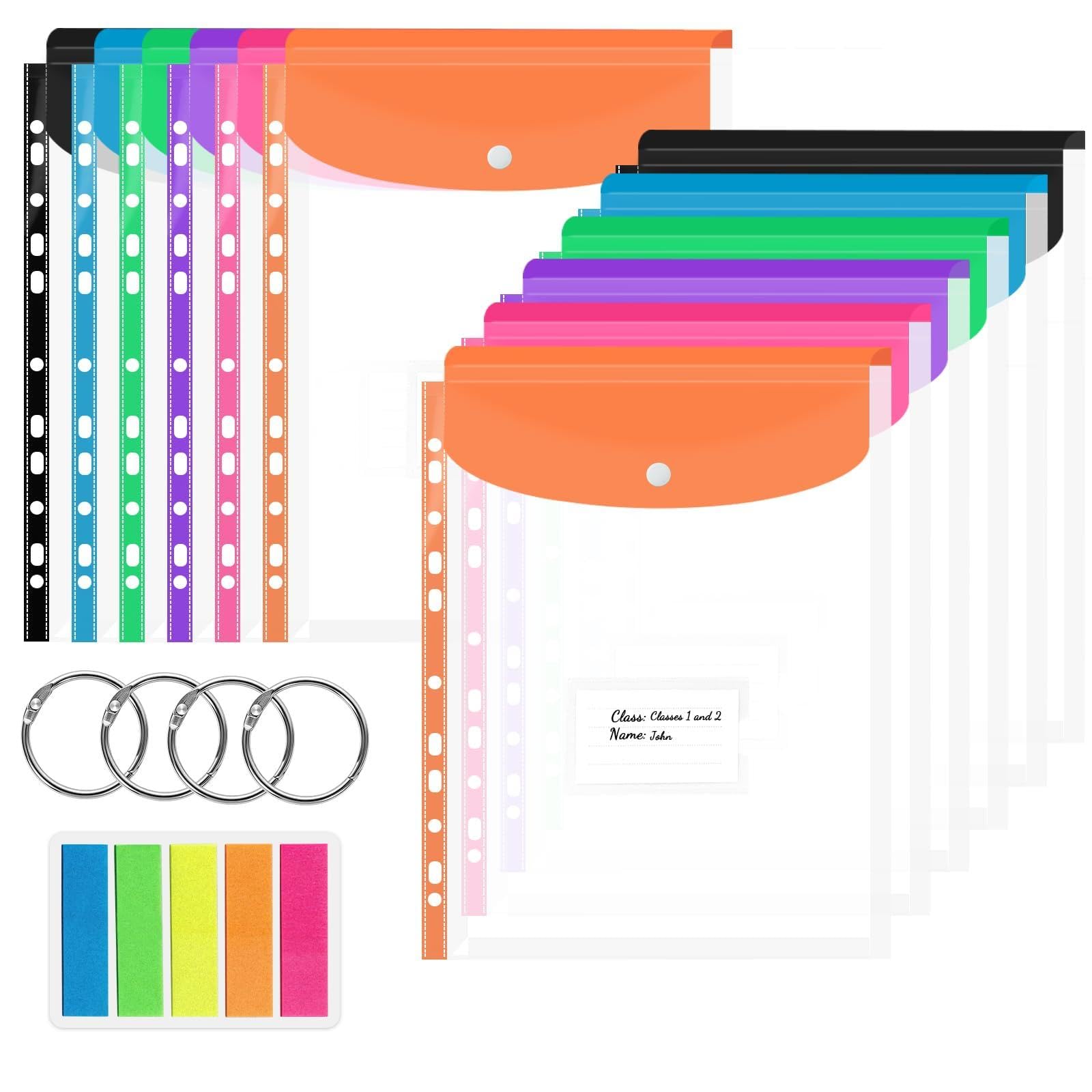 A4 Plastic Wallets – 12 Pack Punched Pockets Expandable Document Folders with Button, Colorful Punched Pockets, Tab Card & 4-Ring Binders for School, Office, Home, and Travel (Vertical)